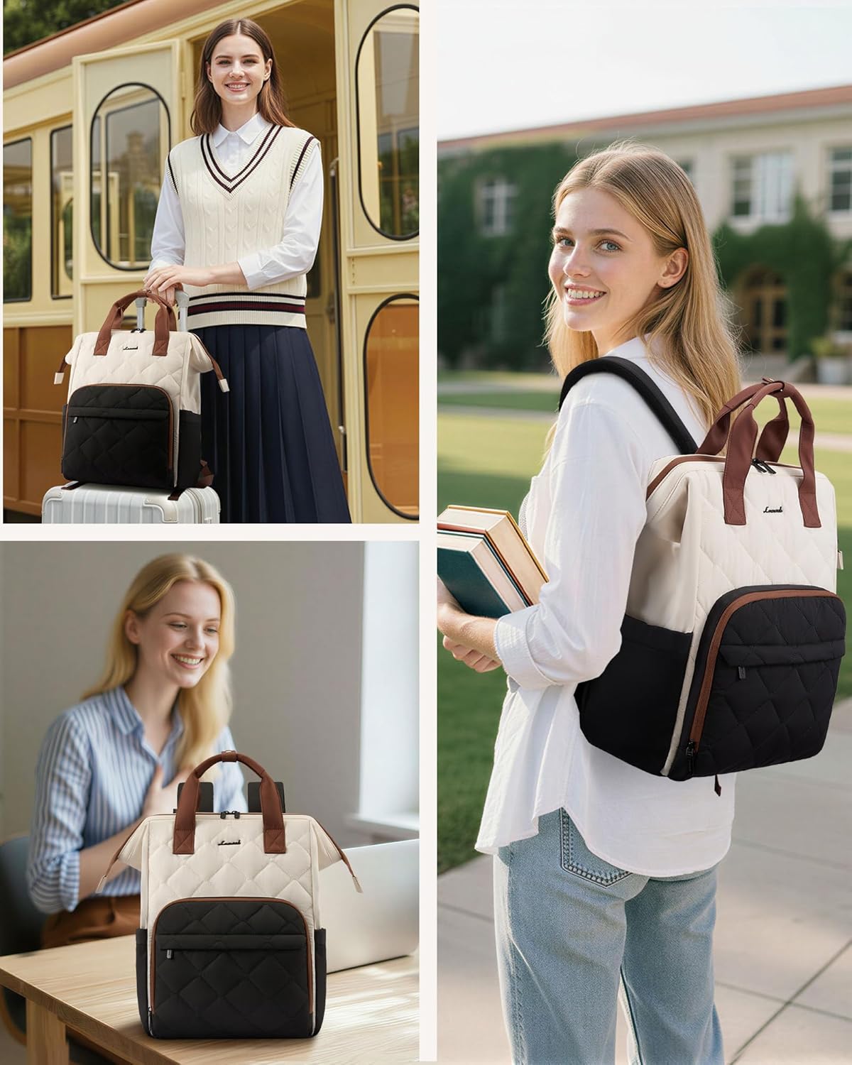 LOVEVOOK Laptop Backpack for Women, 15.6 inch Work Travel Backpack Purse, Puffer Quilted Laptop Backpack Casual Daypack for Nurse Teacher，Black-White-Brown - Image 7