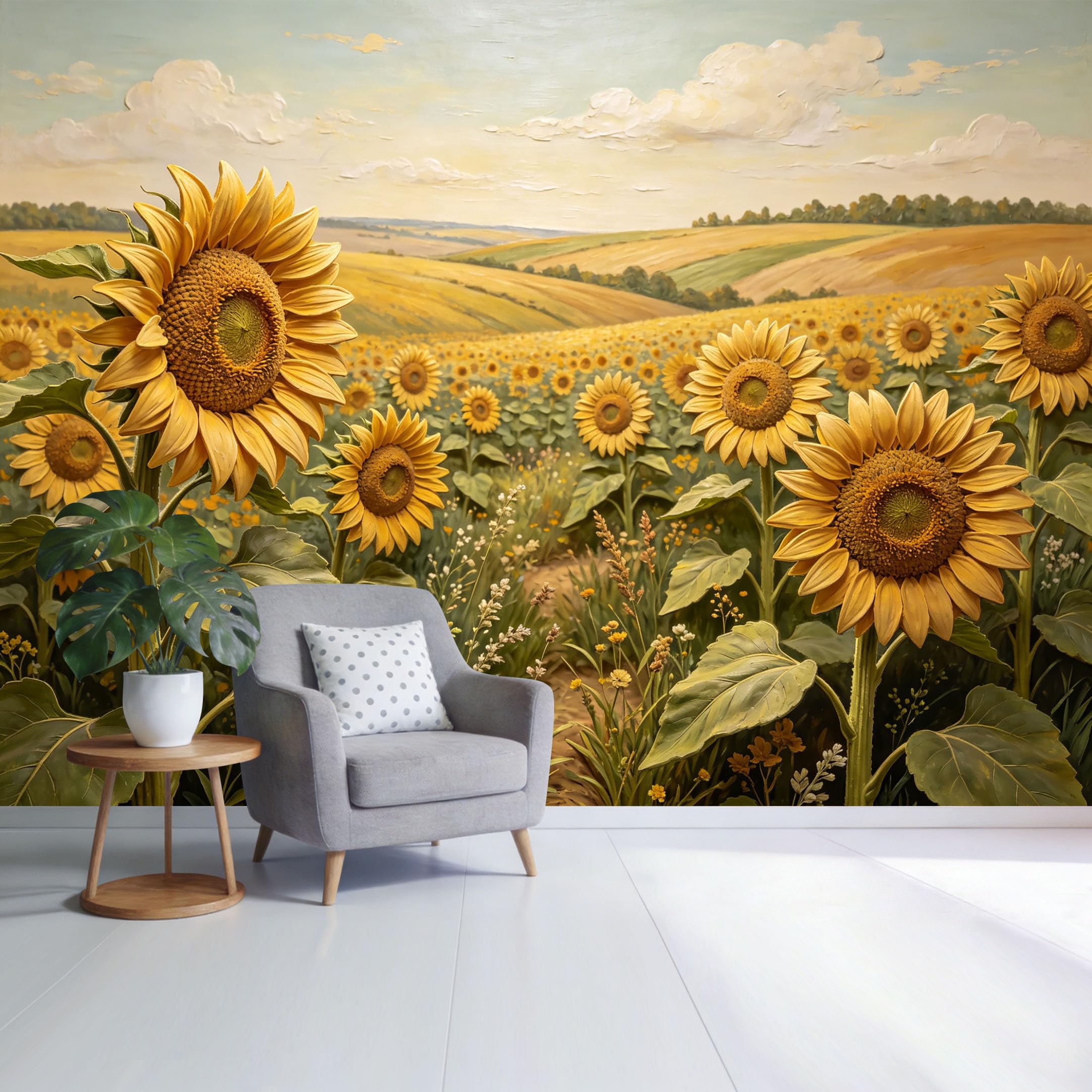 Custom Size Wall Mural Golden Sunflower Field Landscape Oil Painting Style Botanical Countryside View SelfAdhesive Wall Fabric Removable Wallpaper for Home Office Decor