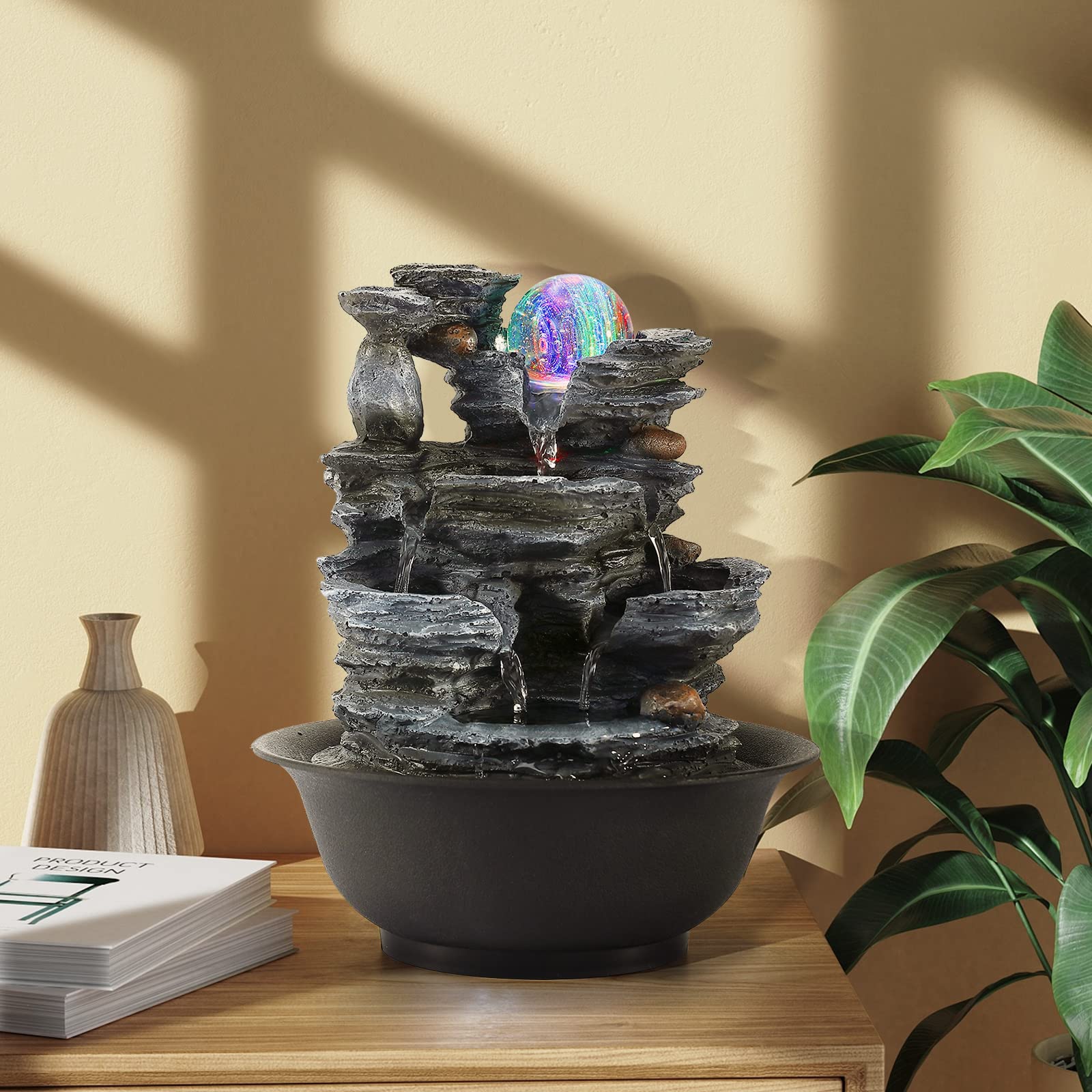 Dyna-Living Fontaine d'intérieur avec boule roulante - Fontaine en polyrésine - Éclairage LED - Multicolore - Plateau de table - Fontaine d'eau pour jardin de rocaille