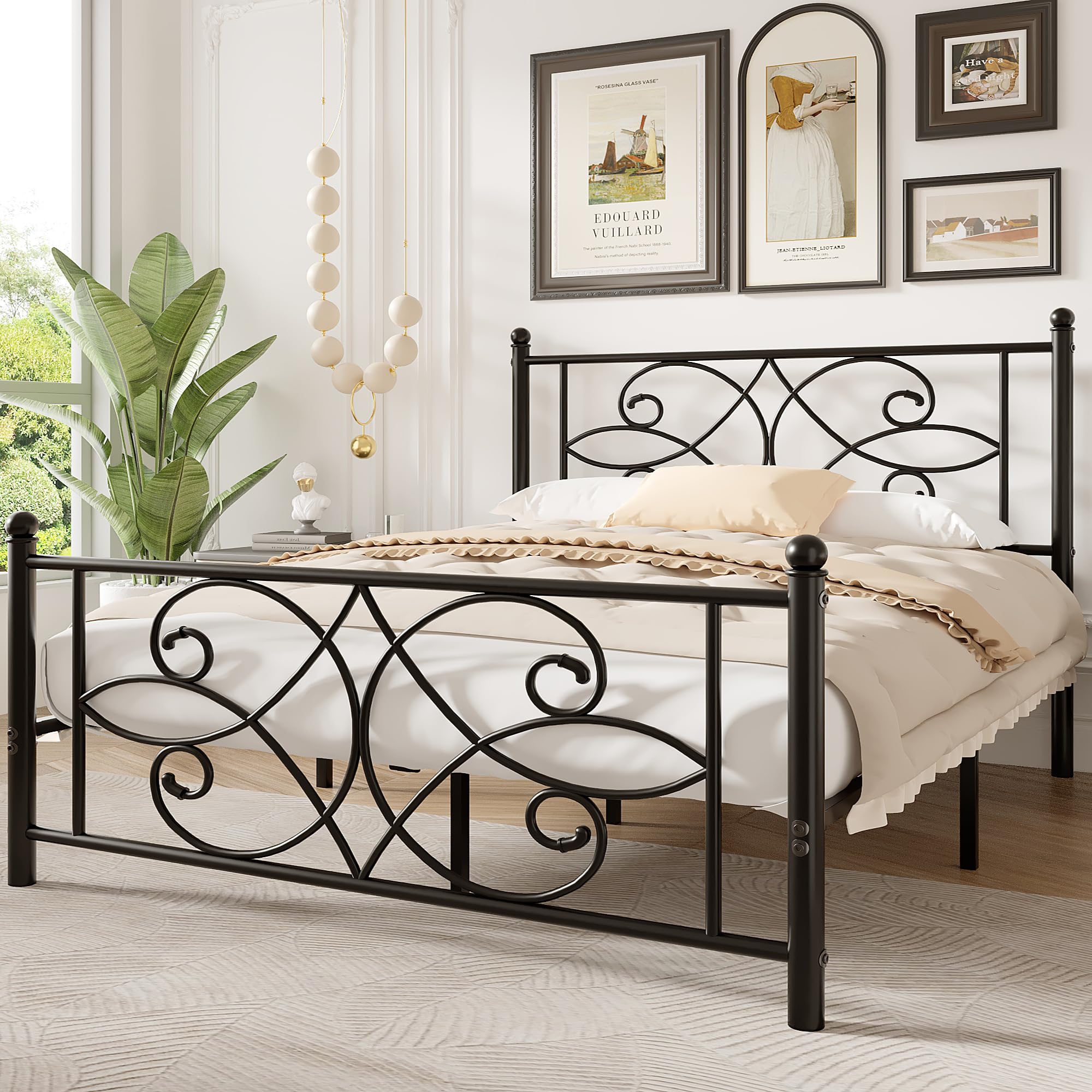 vecelo queen size bed frame metal platform bed with headboard and footboard, heavy duty mattress foundation, no box spring needed, easy assembly, black