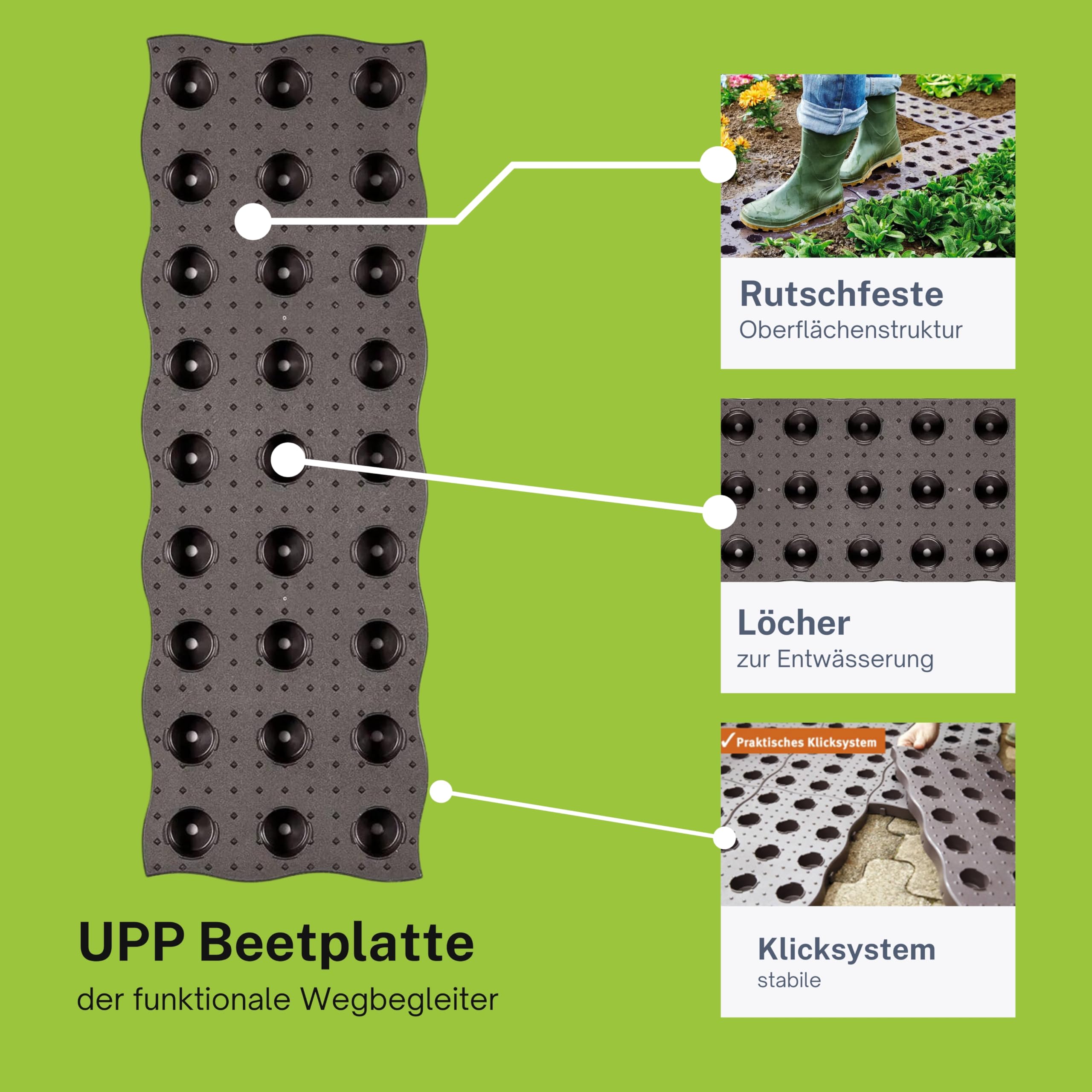 UPP Beetplatten, Gartenplatten Maxi 4 Stück- rutschfest, Trittsicher, Wetterfest - Modular erweiterbar mit einfachem Klicksystem, flexibel einsetzbar im Beet, Gewächshaus - 70x24x2,5 cm