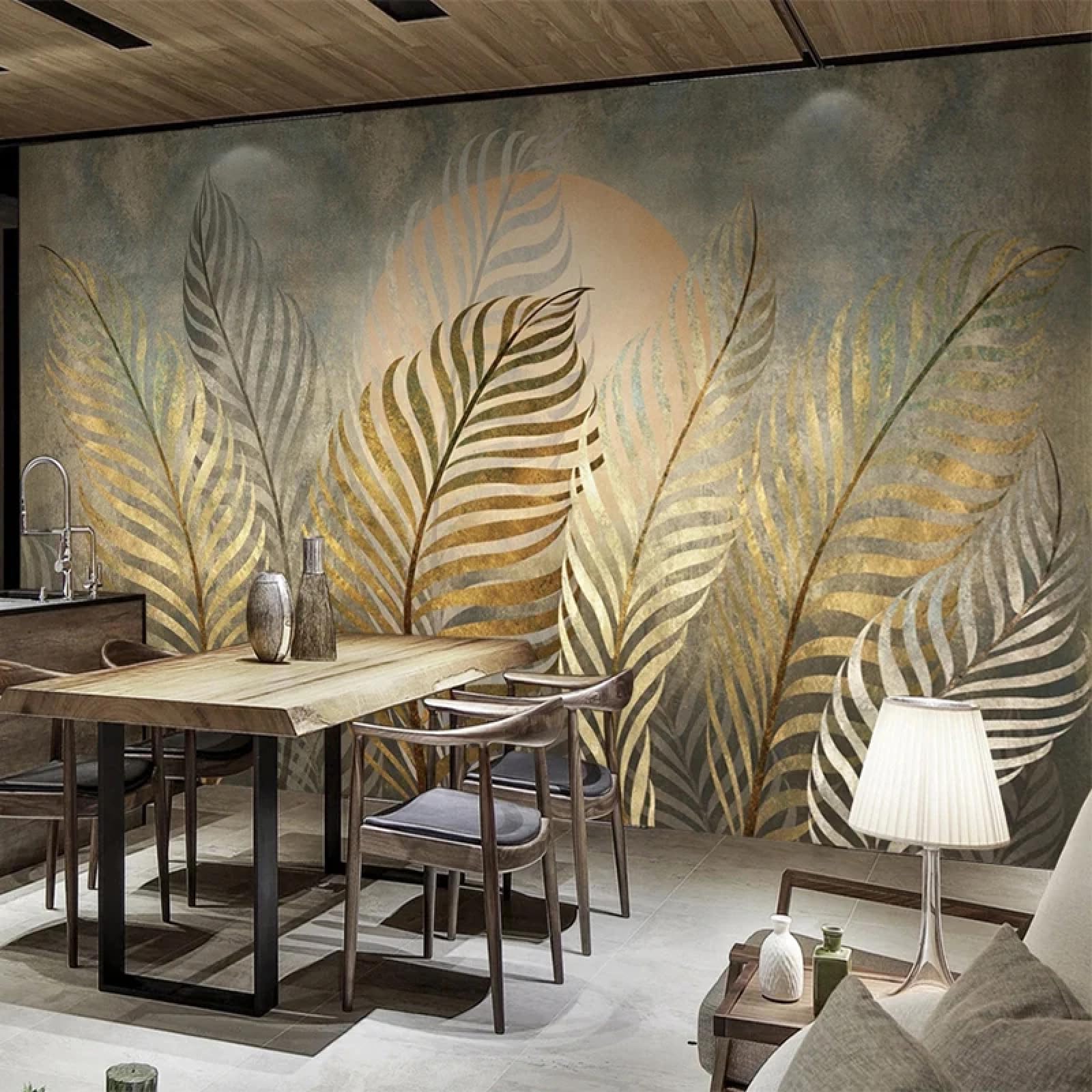 KoKoty Silk 3D Wallpaper Nordic Retro Golden leaves-140 x 70 cm-Large Size Photo Wall Mural Picture Living Room The Wall for Bedroom Mural