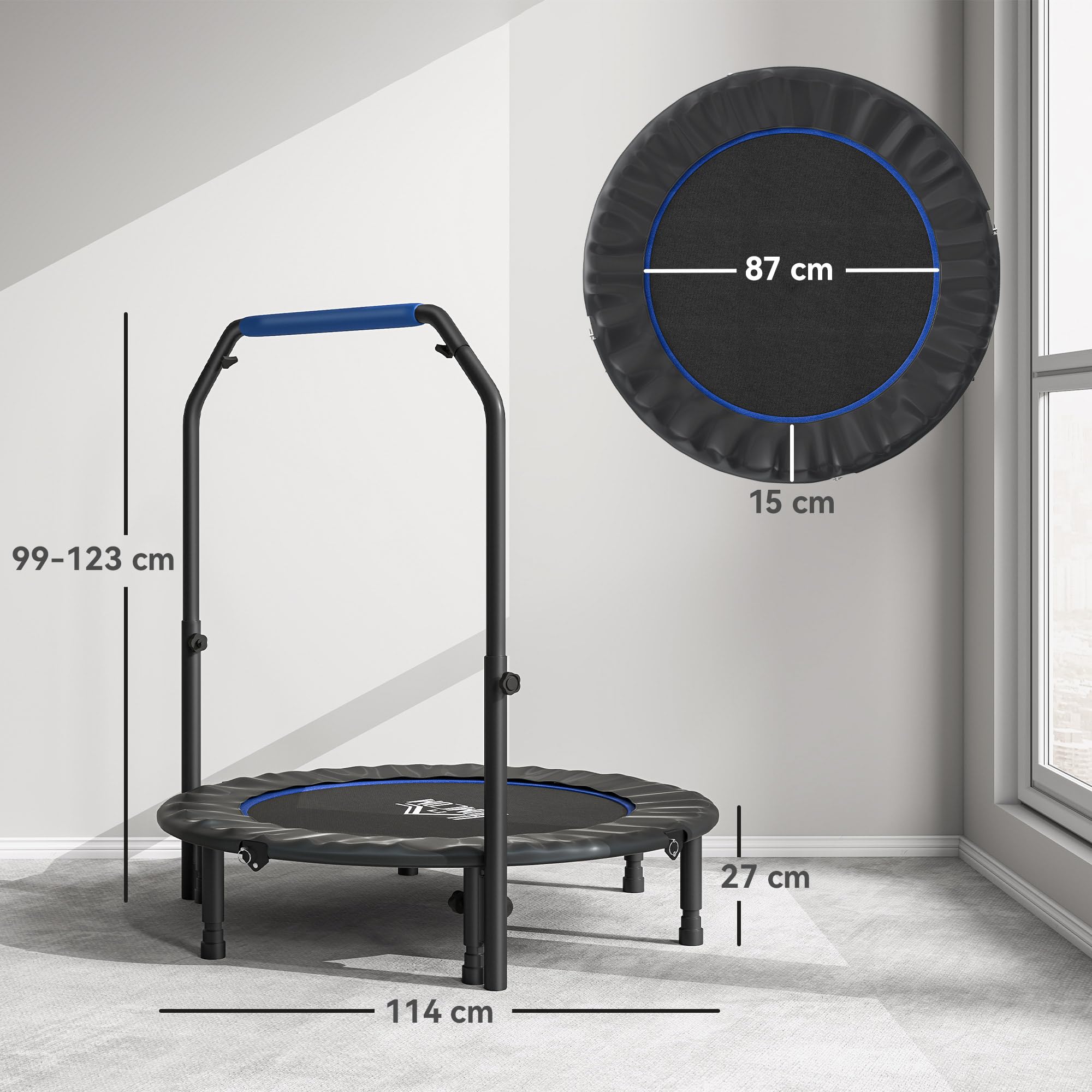HOMCOM Trampolín de Fitness Adultos Ø102/114/122 cm, Cama Elástica Plegable con Mango Ajustable de 4 Niveles, Marco de Acero, para Entrenamiento Piernas, Cuerpo en Hogar, Oficina, Gimnasio