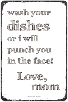 Funny Kitchen Metal Sign - Moms Funny Warning About Dishes - Wall Home Decor- Bar Wash Your Dishes Sign MOM - 8x12 in