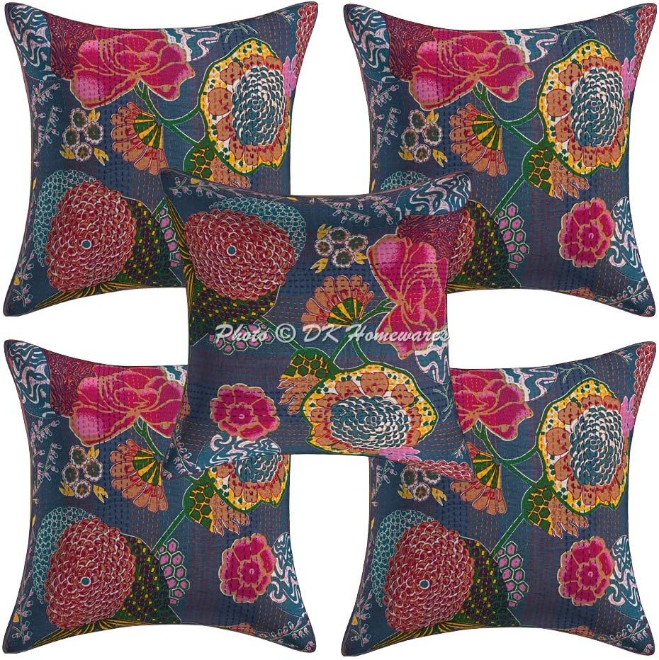 Indian Decorative Accent Throw Pillowcases 16 x 16 Inch Cotton Kantha Tropicana Bohemian Square Sofa Cushion Covers (Size - 40x40 cm ; Color: Grey) - Set of 5 Pcs (Cover Only)