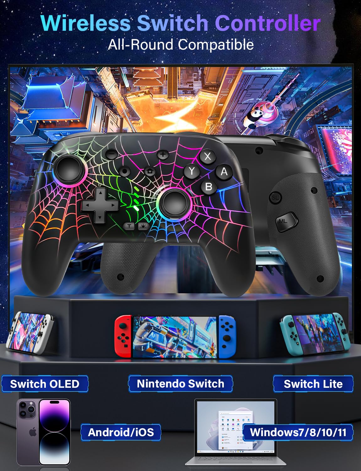 RJAD Switch Controllers for Nintendo Switch/OLED/Lite, Wireless Switch Pro Controller with 10 Colors Light, 1000mAh Rechargeable Switch Turbo Control with Vibration, 6-Axis Gyro, Turbo, Wake Up