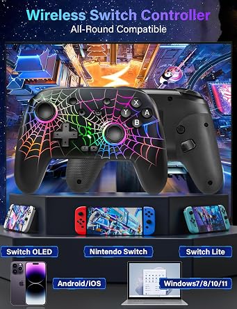 RJAD Switch Controllers for Nintendo Switch/OLED/Lite, Wireless Switch Pro Controller with 10 Colors Light, 1000mAh Rechargeable Switch Turbo Control with Vibration, 6-Axis Gyro, Turbo, Wake Up