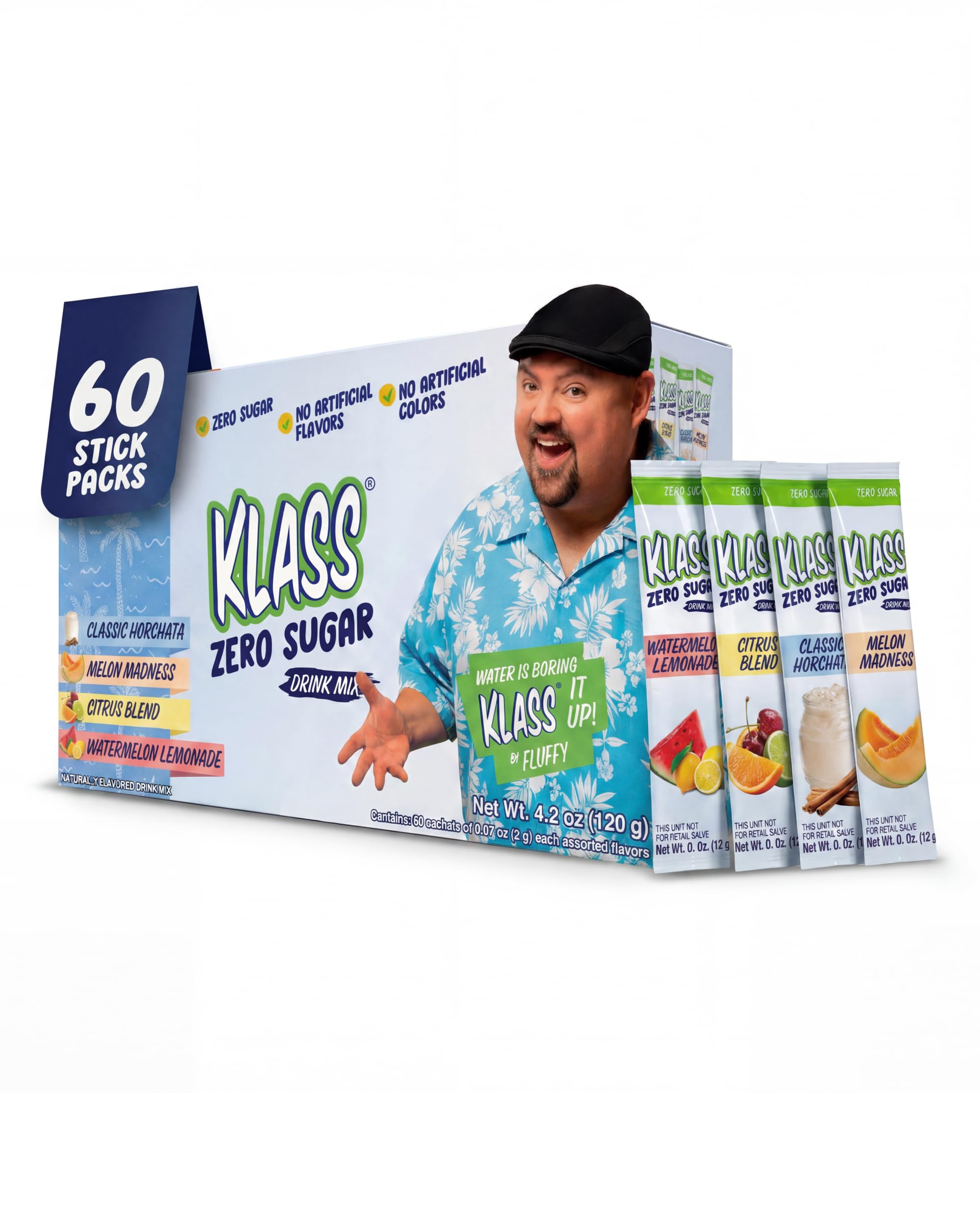 Klass Zero Sugar by Fluffy Tropic Rush Pack | Tropical Water Flavoring Packets | Zero Sugar Drink Mix with No Artificial Flavors or Sweeteners | 60 Count