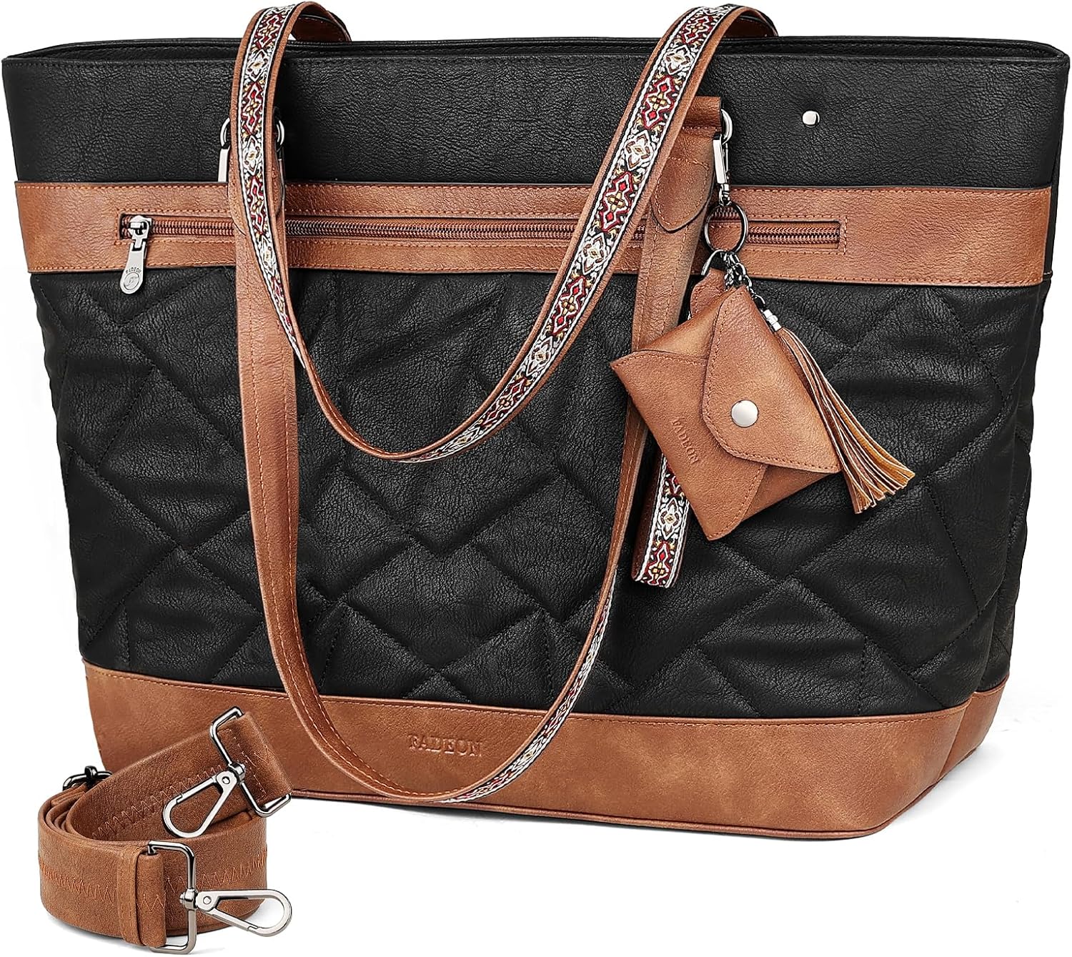 FADEON Quilted Tote Bag for Women Designer Laptop Tote Bag 15.6-Inch Large Laptop Purse Faux Leather Shoulder Handbag