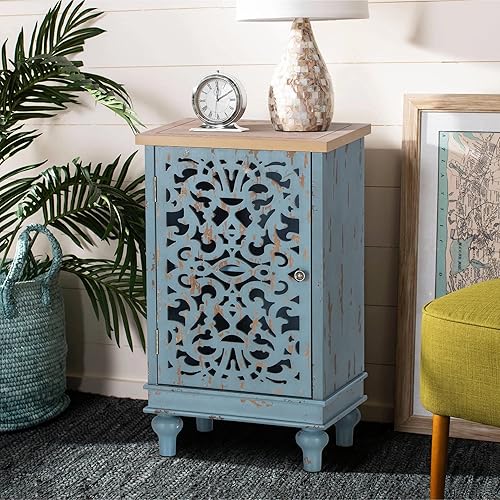 PHI VILLA Small Accent Storage Cabinet with Single Door - Decorative Nightstand for Living Room Bedroom, End Side Table Cabinet Blue