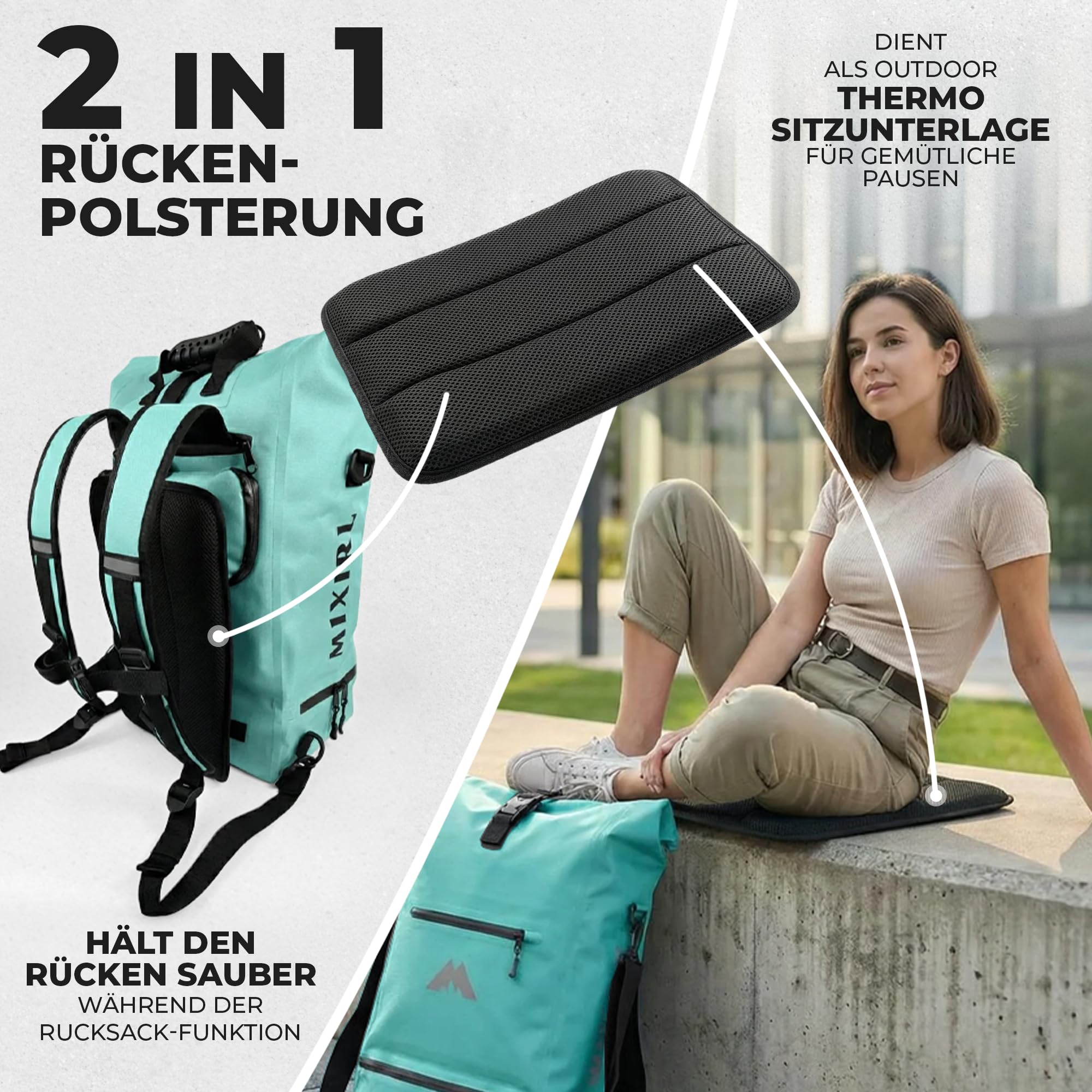 3in1 Fahrradtaschen für Gepäckträger mit Rucksack 100% Wasserdicht 30L I Kühlfach I Gepäckträgertasche Reflektierend Laptopfach Tasche fürs Fahrrad (Mint)