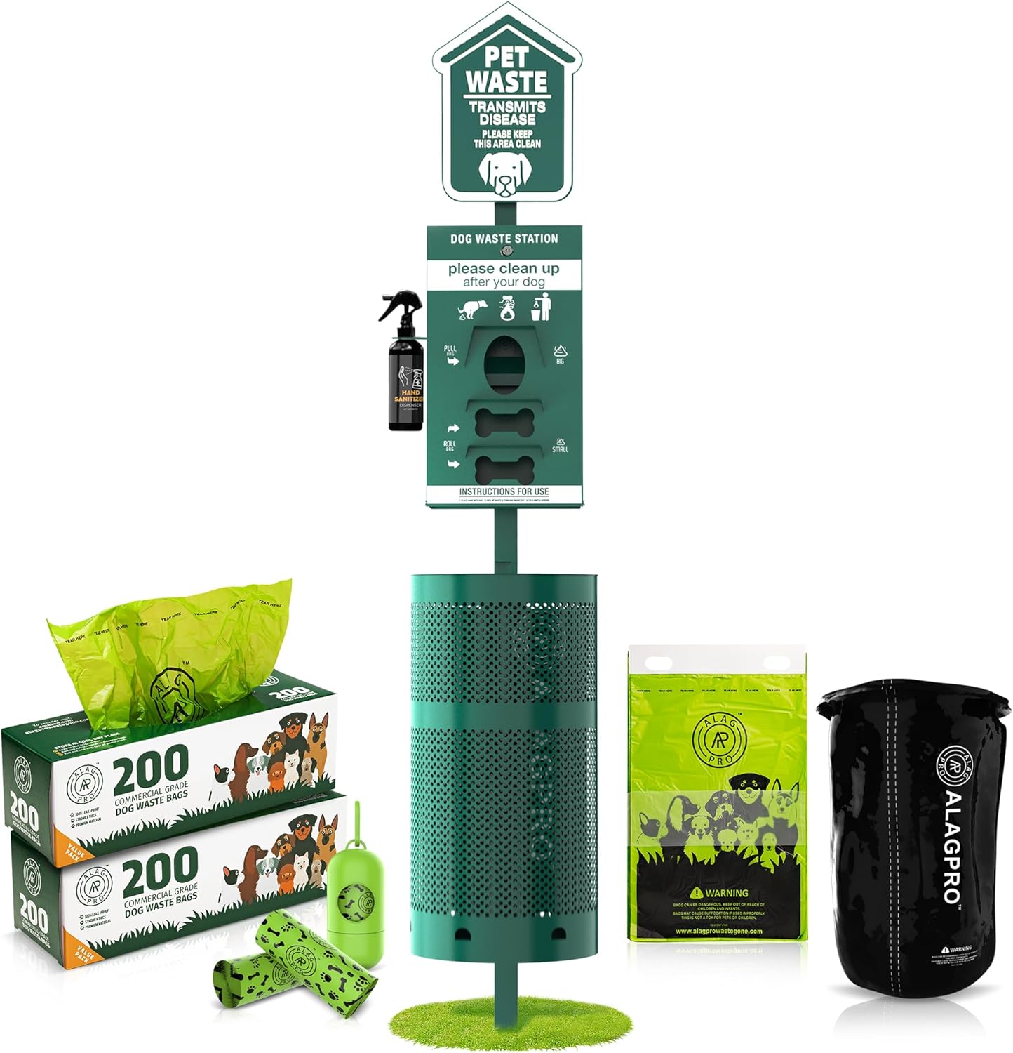 ALAGPRO® NEW 2026 Dog Waste Station Outdoor Pet Waste Station with Hand Sanitizer Bottle, Commercial Dog Poop Station with Free 400 Roll, 200 Pull Waste Bags & 50 Can Liners for Backyard, Park & HOA's