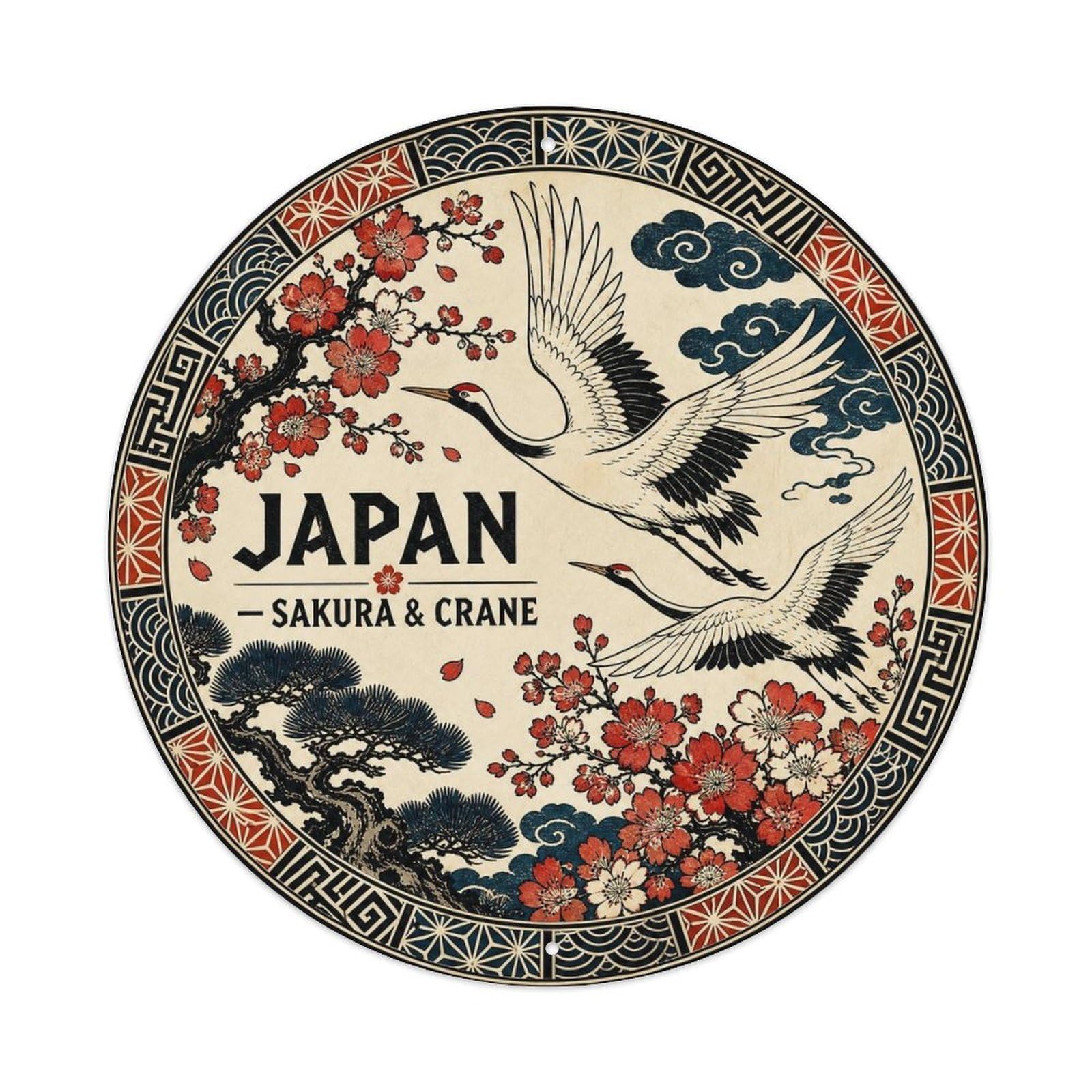 Olyhtr 8X8inch Classic Style Edo Japan Sakura Crane Ceramic Folk Pattern Metal Tin Sign