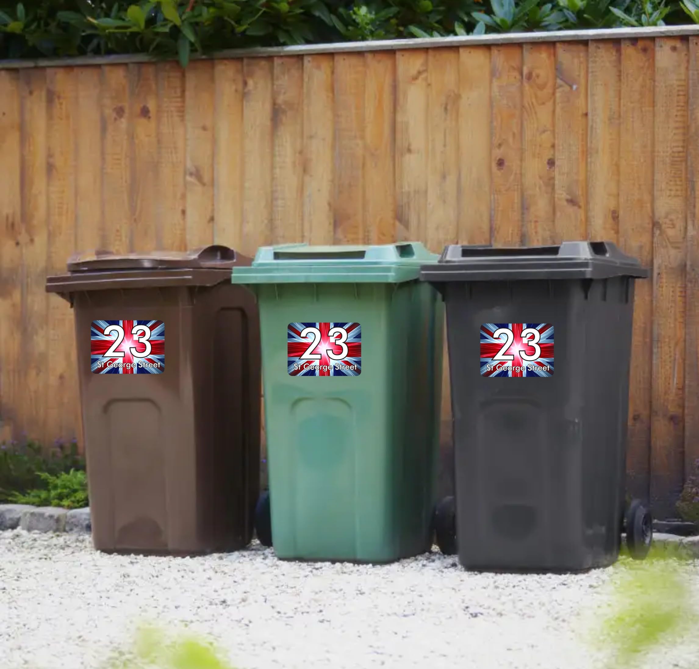 3X Union Jack Wheelie Bin Stickers Personalised House Number Road Name Weatherproof Wheelie Bin Front Lid Stickers