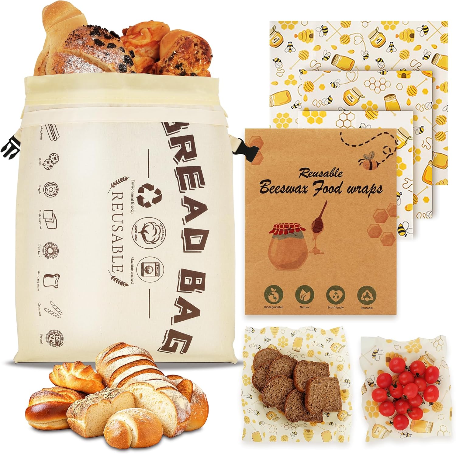 Reusable Beeswax Bread Bags&Beeswax Food Wraps,Sourdough Bread Bags for Homemade Breads,Cotton Beeswax Bags,Eco-Friendly Sustainable Food Storage