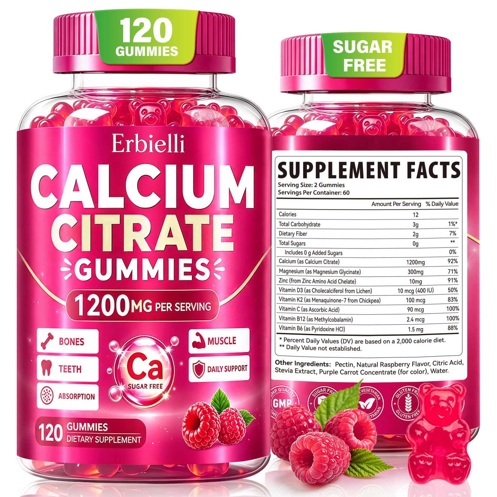 Calcium Citrate 1200mg with Vitamin D3, Sugar Free, Calcium Gummies with Vitamin D3 K2, Magnesium, Zinc, Calcium Supplements Gummies for Women & Men, Bone Muscle Healthy & Immune Support 120 Count 120 Count (Pack of 1)
