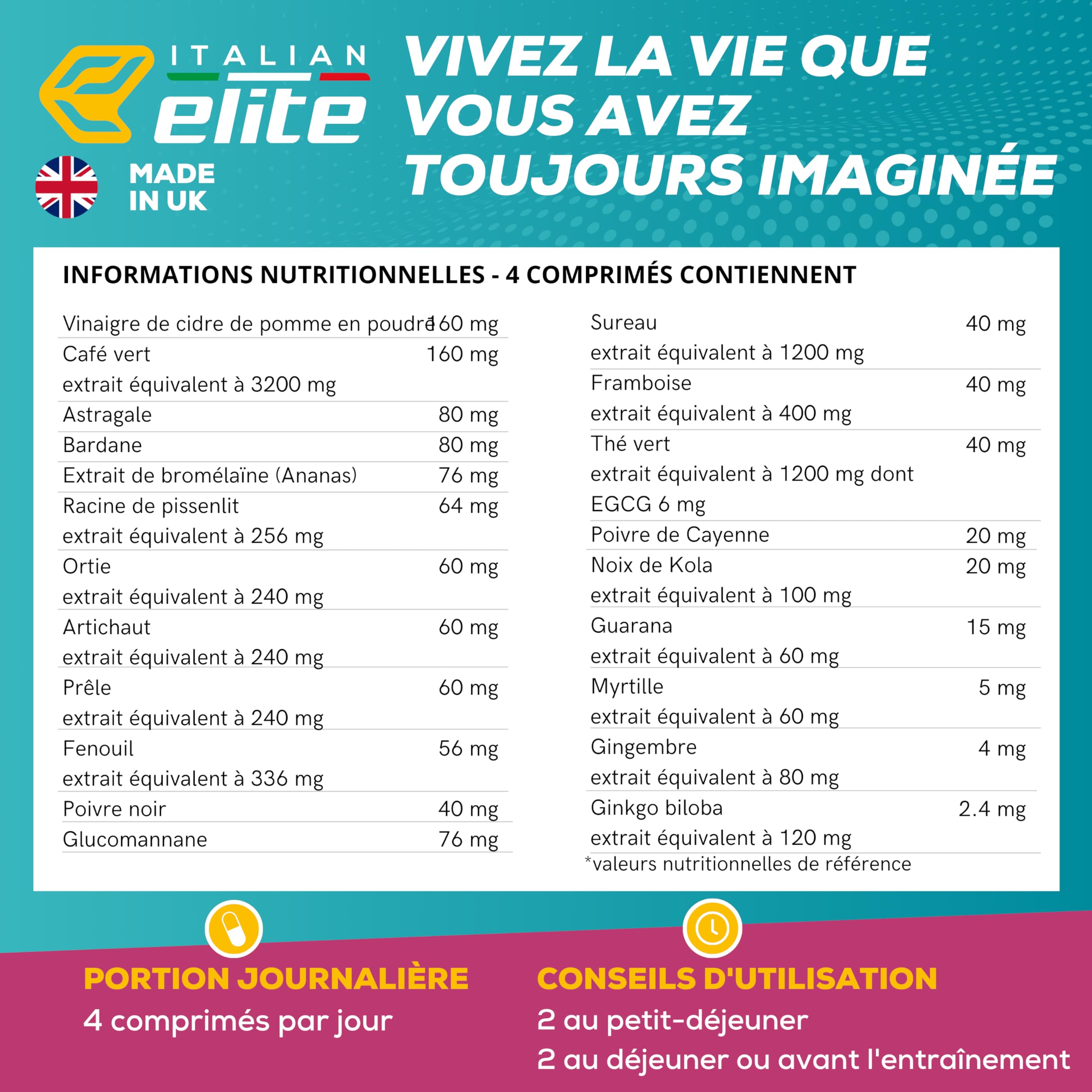 Italian Elite® Dren Extreme,120 comprimés avec Glucomannane, Café Vert, Bromélaïne, Théine. 22 extraits botaniques.
