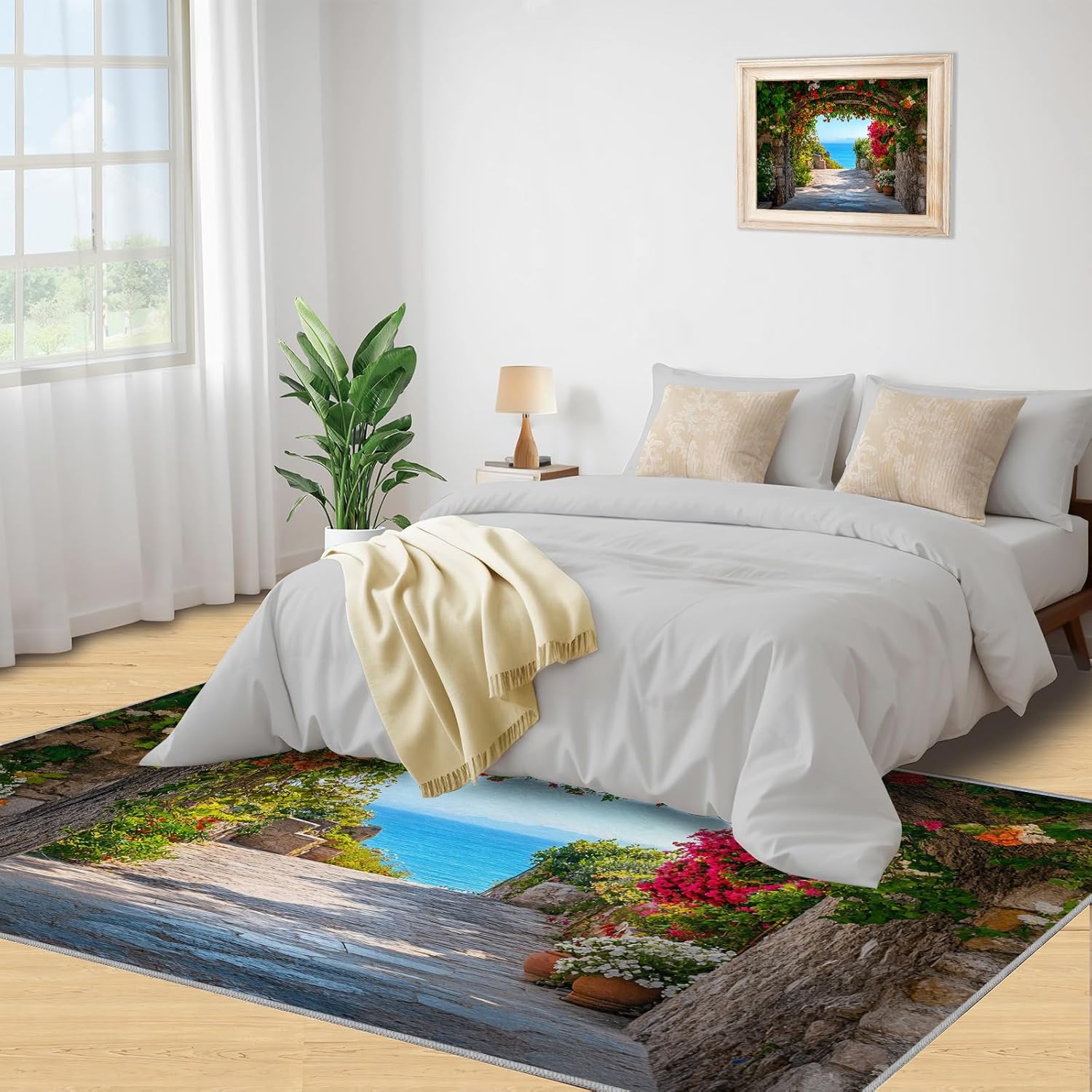Italian Landscape Rug - 4x5 Rugs for Living Room, Arch Street Area Rug, Retro Town Washable Rugs for Living Room, Soft Mediterranean Indoor Carpet - Home Decor, Landscape Gifts