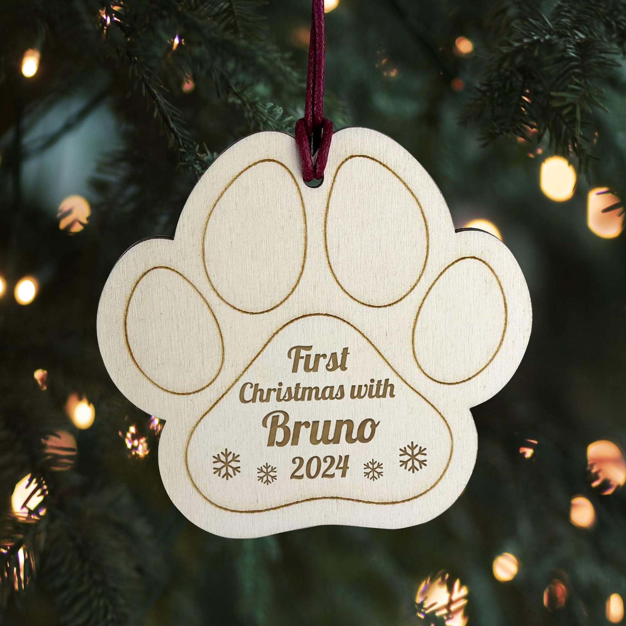 Red Ocean New Puppy Gifts, PERSONALISED First Christmas With Puppy Dog, ANY NAME, Wooden Puppy Paw Print Christmas Tree Bauble, Dogs 1st Christmas Bauble, Gift For Dog Cat Puppy Keepsake