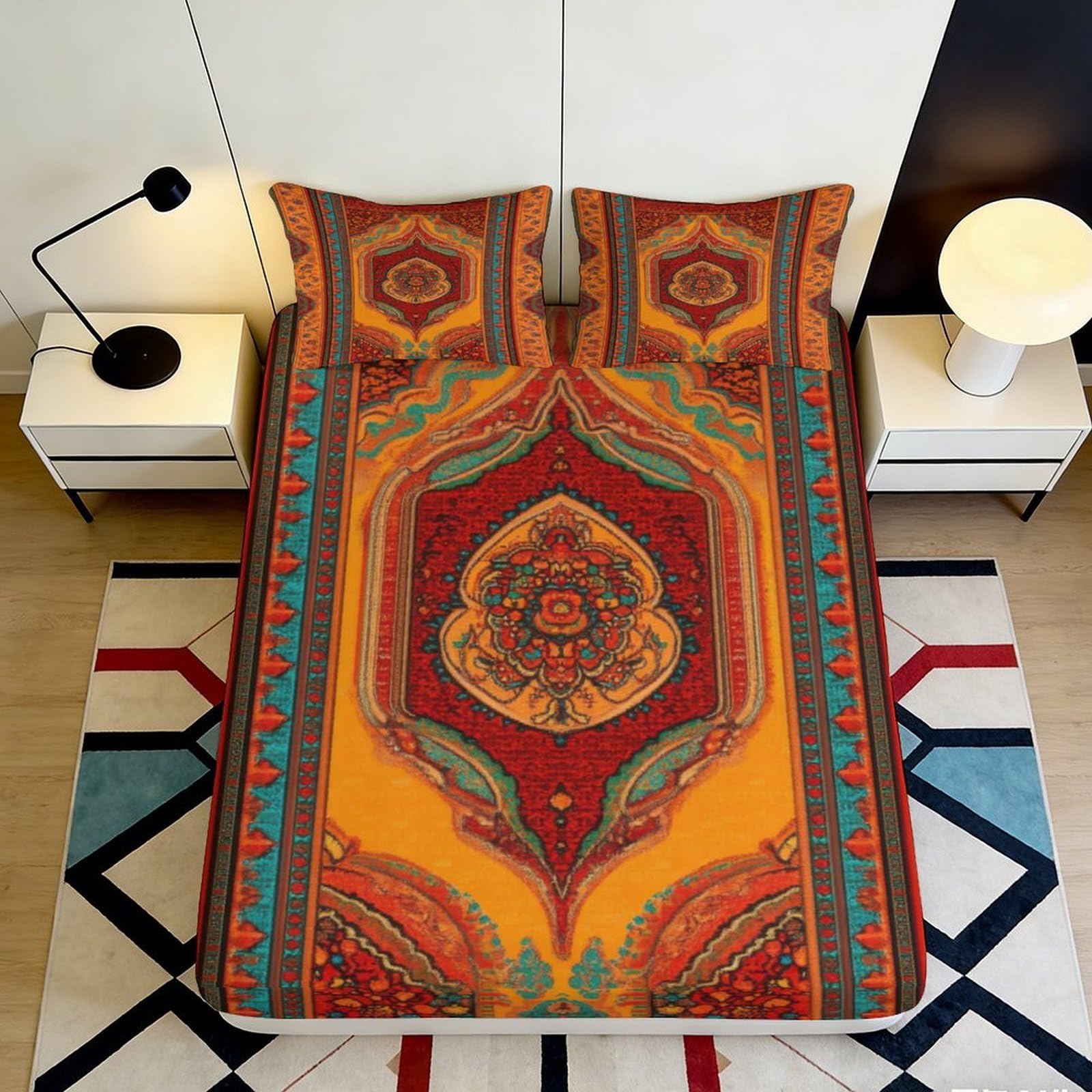 Jqzkxnhpbr Style-5 3D Printed Mandala Orange Fitted Sheet Microfiber Soft Art Decor Boho Geometric Mattress Cover For Bedroom Dorm 90X200x25cm