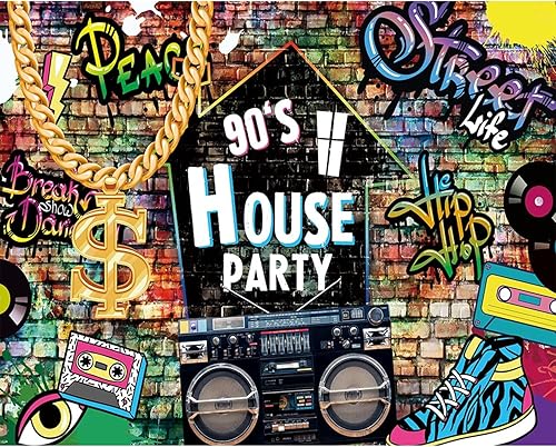 Miniatura 7 de Telón de fondo de fiesta en casa de los años 90 para sesión de fotos, 10 x 8 pies, diseño de hip pop, diseño de grafiti, pared de los años 90