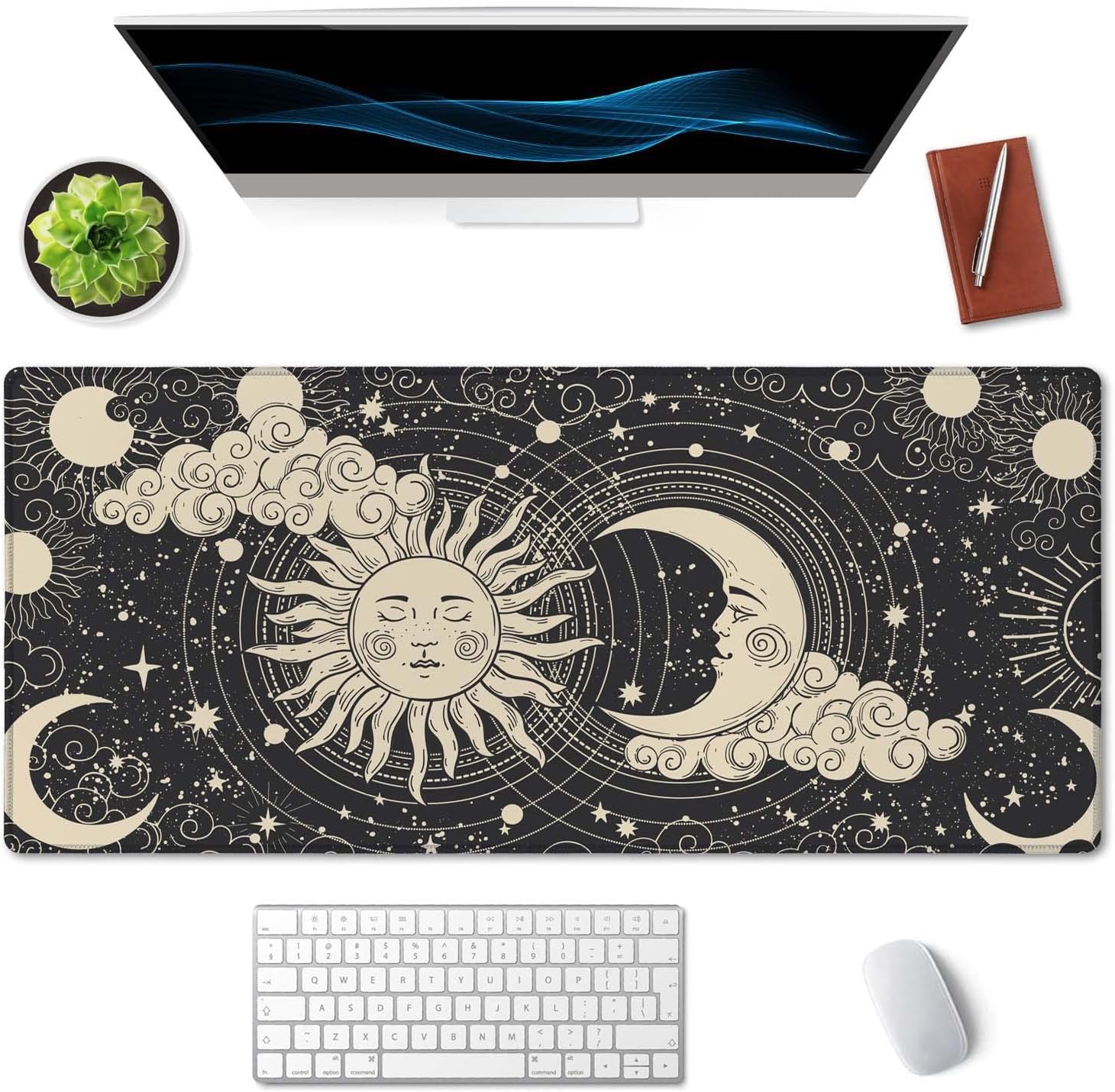 SSOIU Astrology Sun with Moon Mouse Pad 35.5 X 15.7 Inch XXL Black Full Desk Mousepad Extended Large Non-Slip Rubber Base Waterproof Big Keyboard Mat with Stitched Edges for Gaming and Office image 3