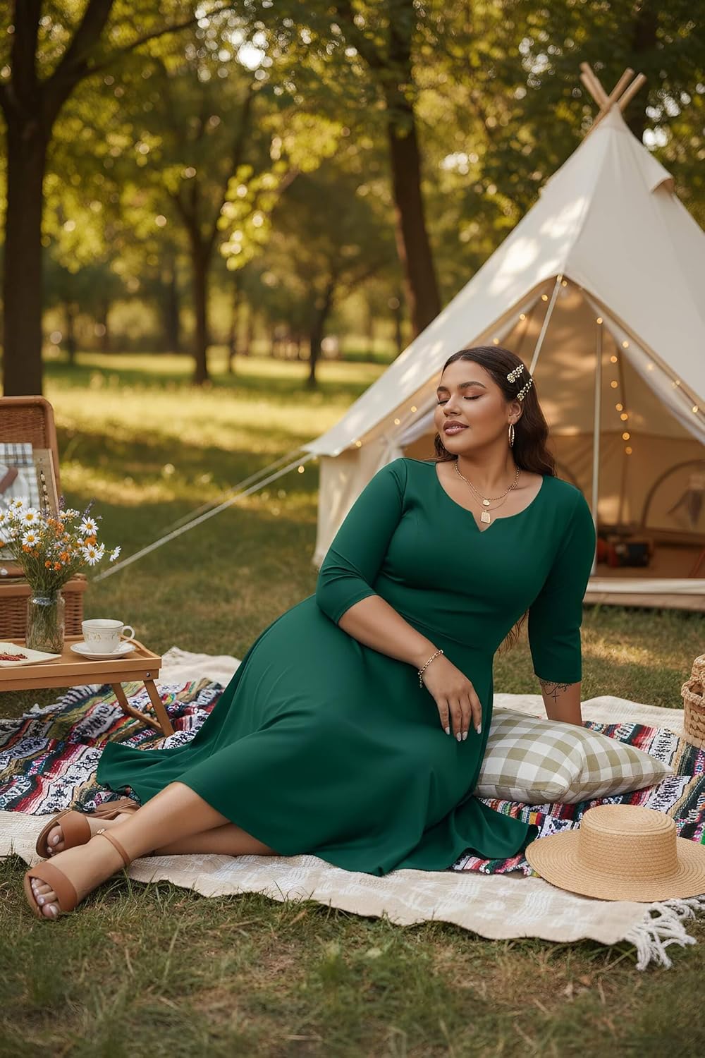 Runwind Plus Size Dresses Women Fit and Flare A-Line Swing Dress 3/4 Sleeve Midi Church Wedding Guest Cocktail Party Dresses - Image 2