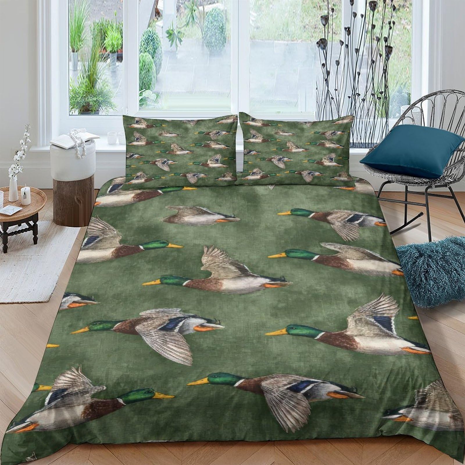 Ctjqhvkz Style-1 3D Printed Mallard Duck Fitted Sheet Microfiber Soft Green Wildfowl Bed Cover For Bedroom Guest Room Décor Protection Single（135X200cm）