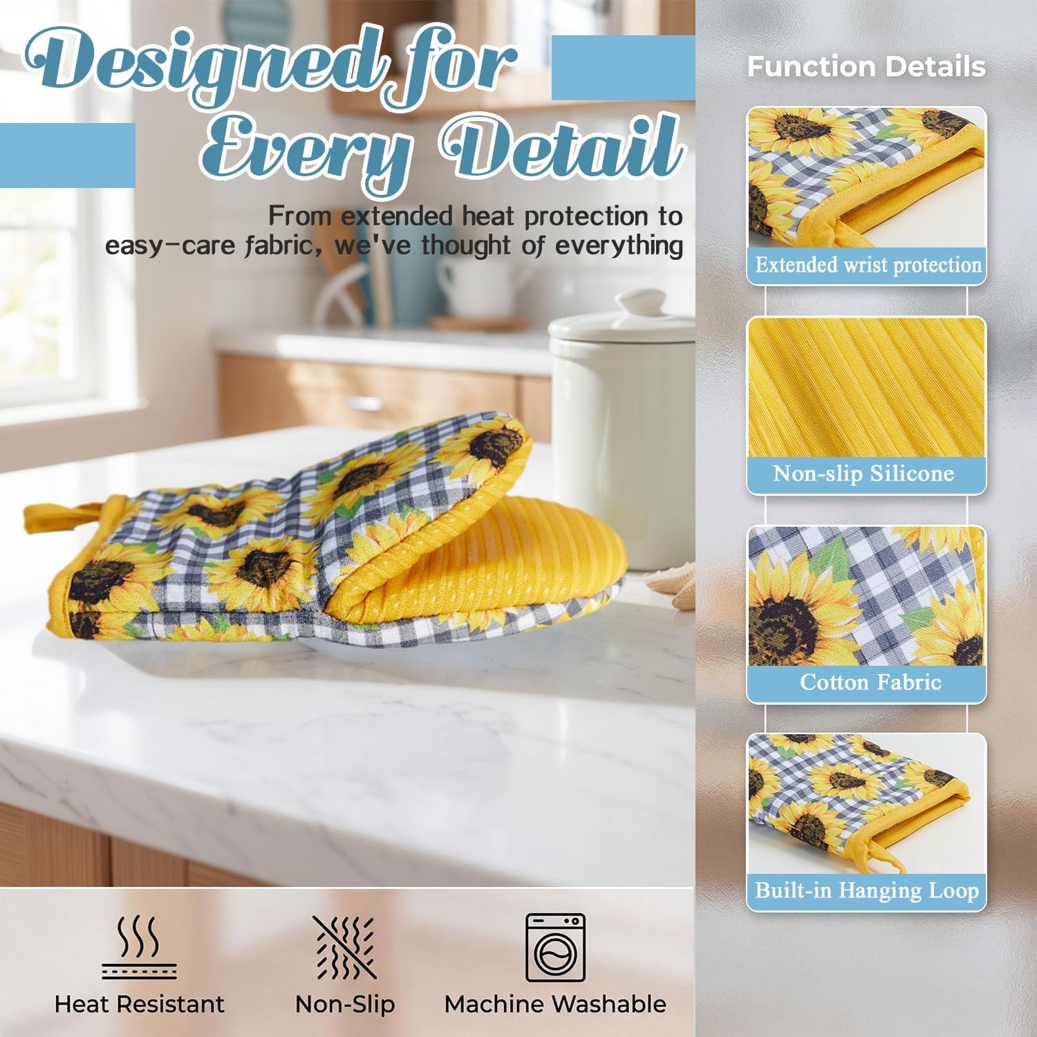 Ribbed Mini Oven Mitts 2-Pack Set, 5.5"x8.5", Sunflower Printed, Heavy Duty Cotton, Non-Slip Heat Resistant Soft Silicone Oven Mitts with Hanging Loop for Cooking Kitchen Decor