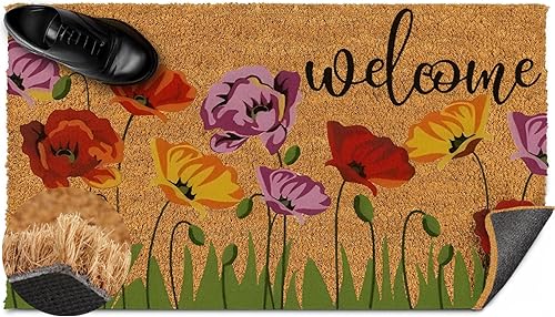 Tapete de puerta con estampado de rosas de bienvenida, resistente, fibra de coco gruesa, para exterioresinteriores con respaldo de PVC