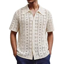 Men Crochet Short Sleeve Shirt with Geometric Pattern Button Down Openwork Design Classic Collar