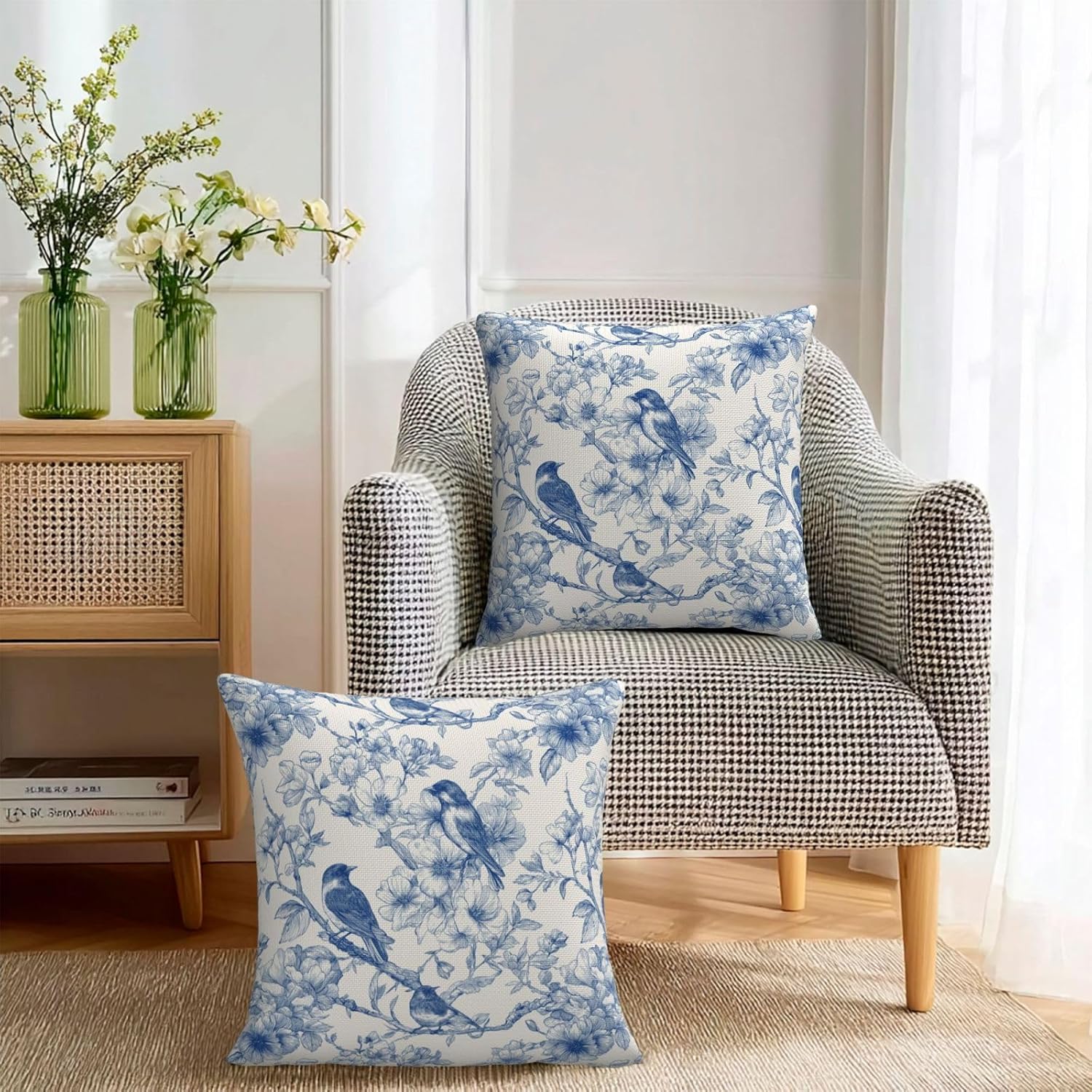 KiuLoam Vintage Toile Blue Ink Line Spring Flowers and Birds Pillow Covers 22x22 Inch Set of 2 Rustic Decorative Throw Pillows Outdoor Neutral Farmhouse Cushion Cases for Sofa Couch Bed Decor