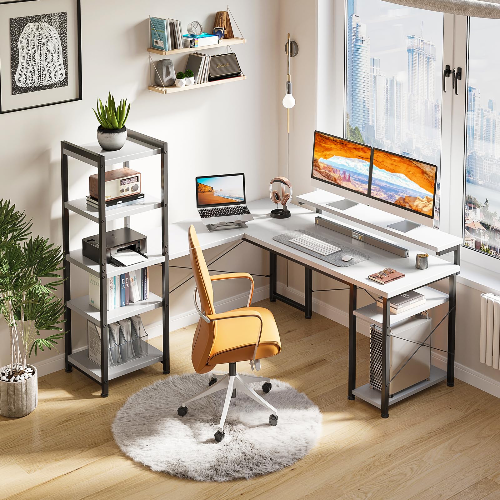 ODK Scrivania con Ripiano, Scrivania ad L con Supporto Lungo per Monitor, Bianco 155×140cm