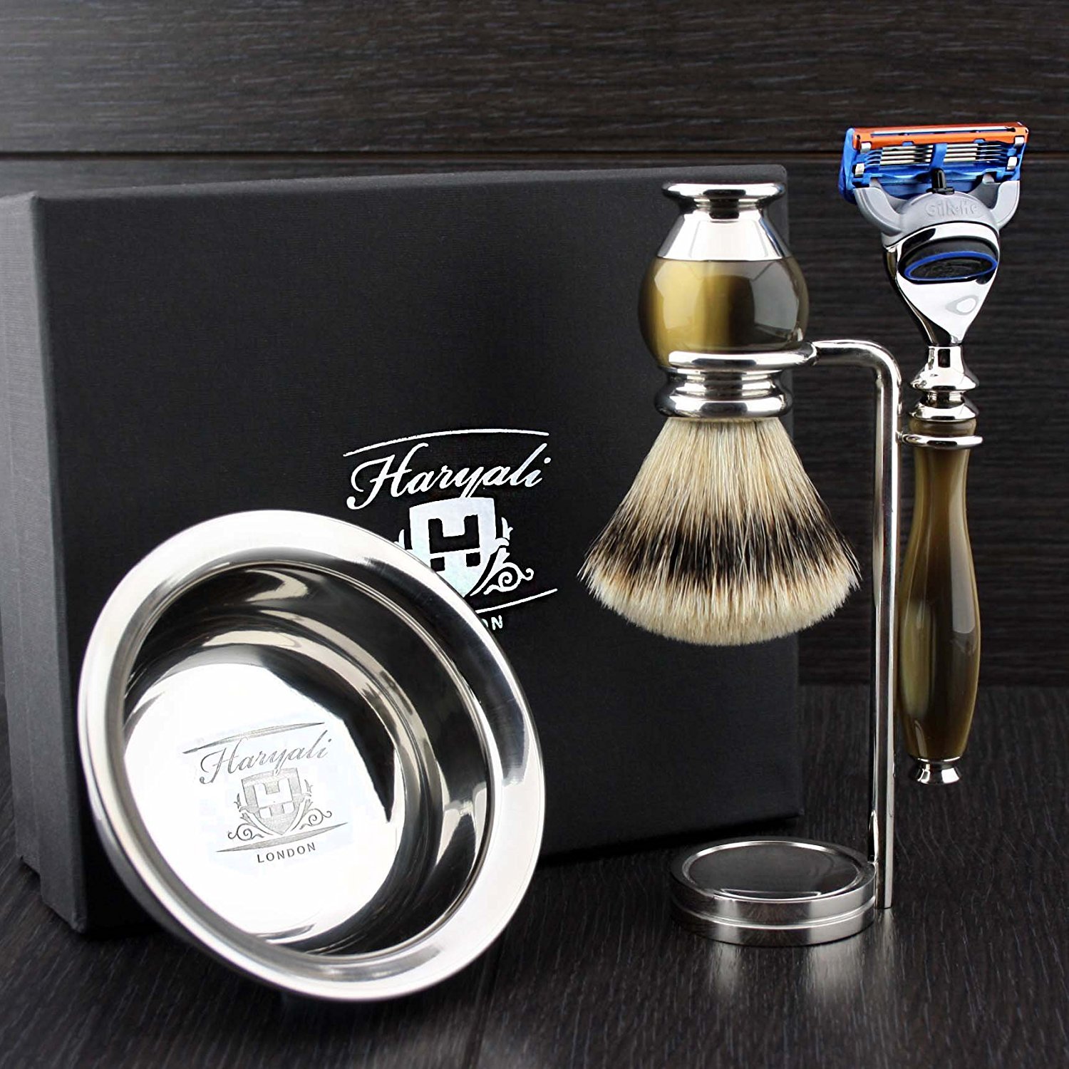 Set da barba da uomo, 4 pezzi, con testa di rasatura, punta argentata, doppio supporto in acciaio inox e ciotola da rasatura, set di nuova concezione
