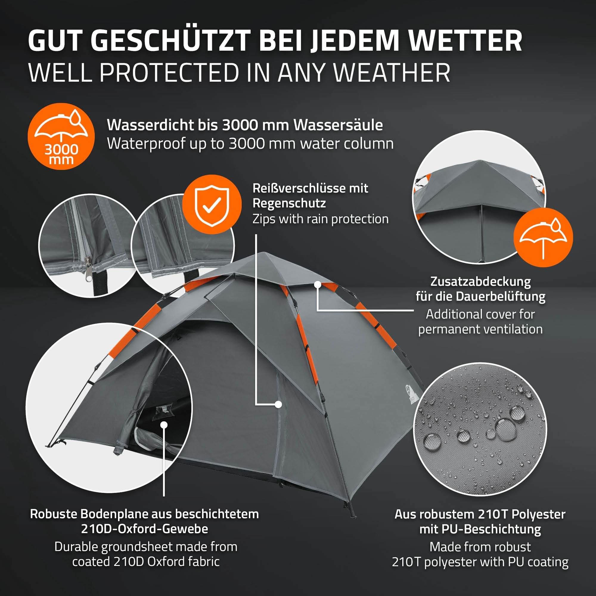 ECD Germany Namiot 3-4 Osobowy Pop-Up Campingowy, Lekki Dwuwarstwowy Namiot Outdoor Kopulowy z 2 Wejsciami, Wodoodporny i Wiatroodporny Namiot Rodzinny z Torba na Camping i Wedrówki, Zielony/Szary