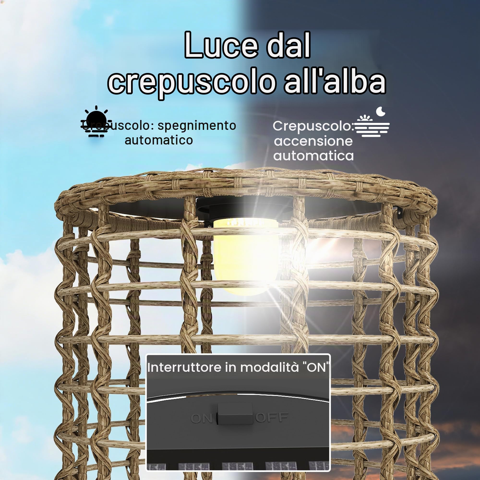 Outsunny Set di 2 lampade solari a energia solare in rattan con sensore di luce, lampada solare a LED in stile boho, IP44, impermeabile, per giardino, balcone, esterno, prato, cortile
