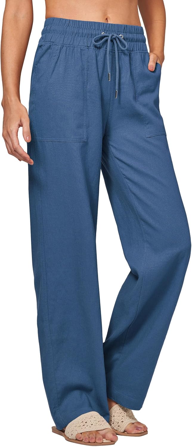 Women Linen Pants Wide Leg Palazzo Pants Cotton Linen Drawstring Summer Pants with Pockets 31" Denim Blue - Image 4