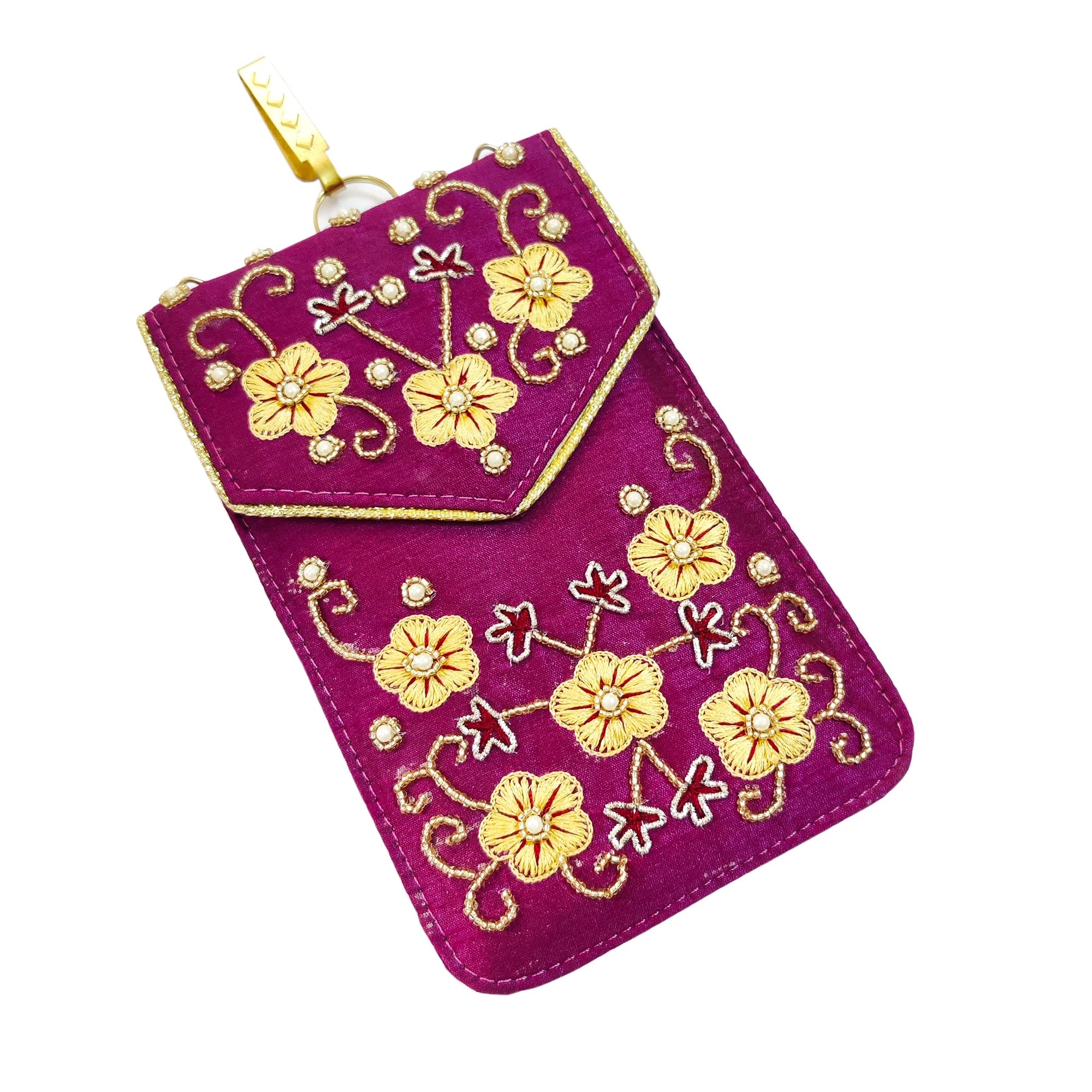 Avanti Creation Silk Floral Handicraft Ladies Traditional Mobile Phone Pouch Sling Wallet Saree Waist Clip Hook Gift for Women|Designer Clutch Mobile Pouch (Purple)-image-4