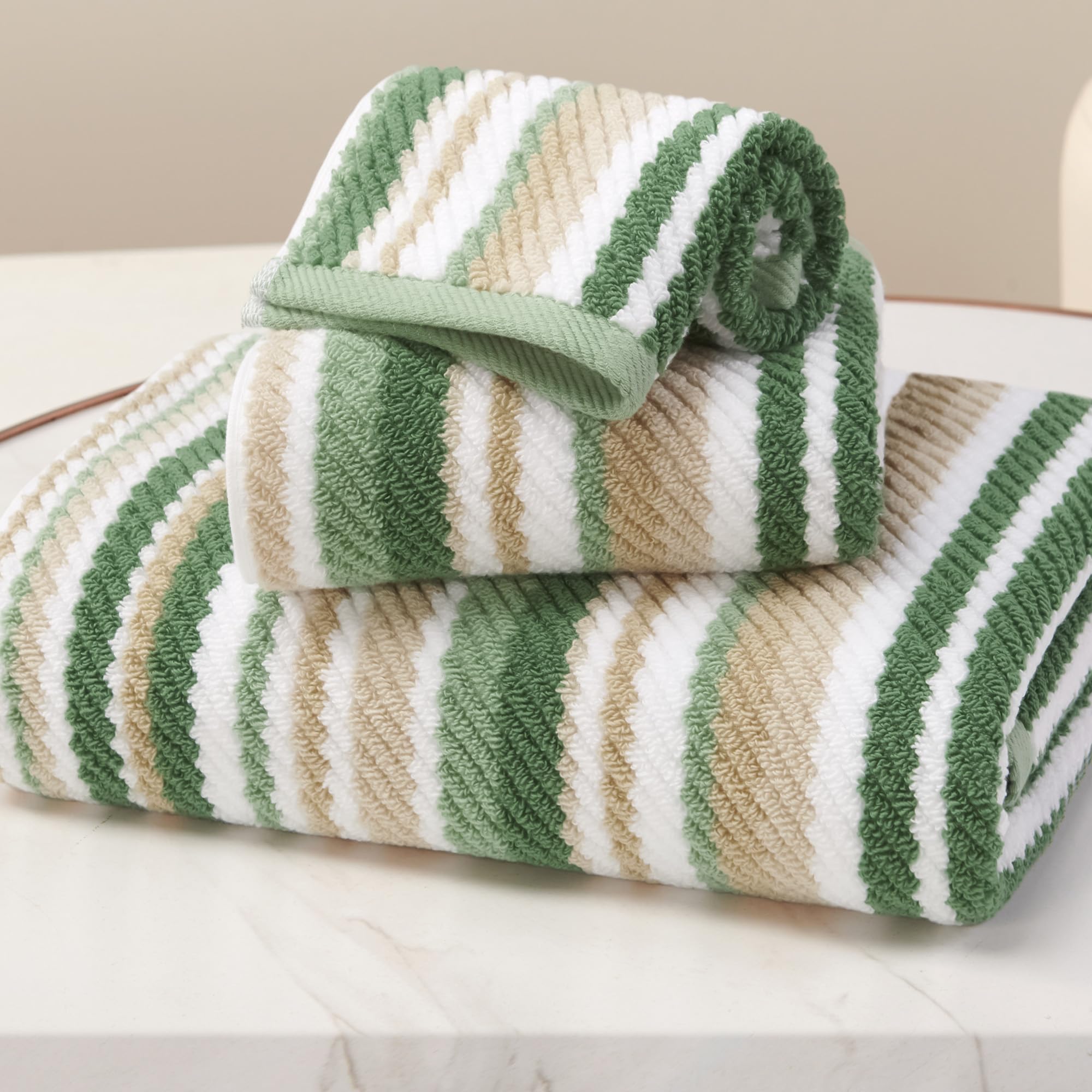 Green Striped Towels - 100 Cotton Quick Dry Soft Absorbent 3PC Luxury Towels Set Bath 28x52 Hand 16x27