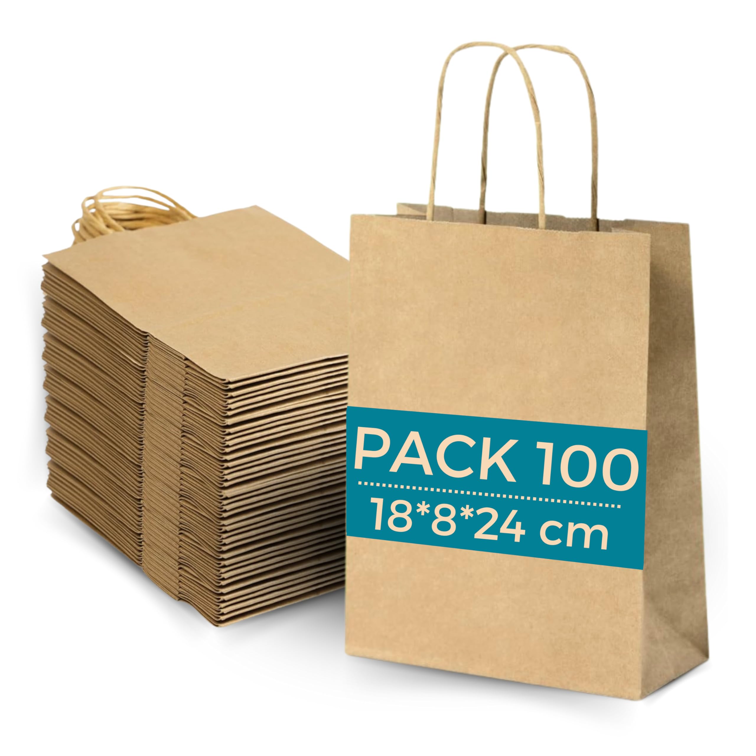 Lot 100 Sacs Papier Kraft Marron avec Anses 18x8x23cm - Sac pour Shopping Cadeaux Mariages
