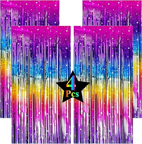 Paquete de 4 cortinas de flecos de neón brillantes con flecos de arcoíris metálicos, serpentinas para cabina de fotos, accesorios para cumpleaños,