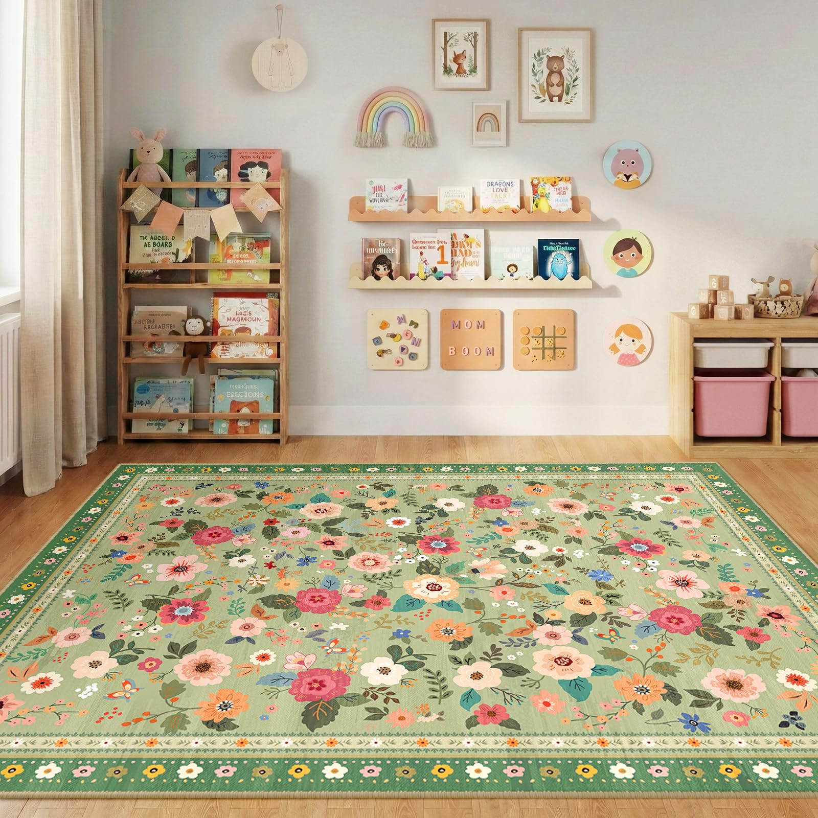 INOVADAY Waschbarer Teppich Boho Stil Kurzflor rutschfest Blumen Print Design Teppich für Wohnzimmer Schlafzimmer Esszimmer Büro Küche Flur Eingangshalle Badezimmer