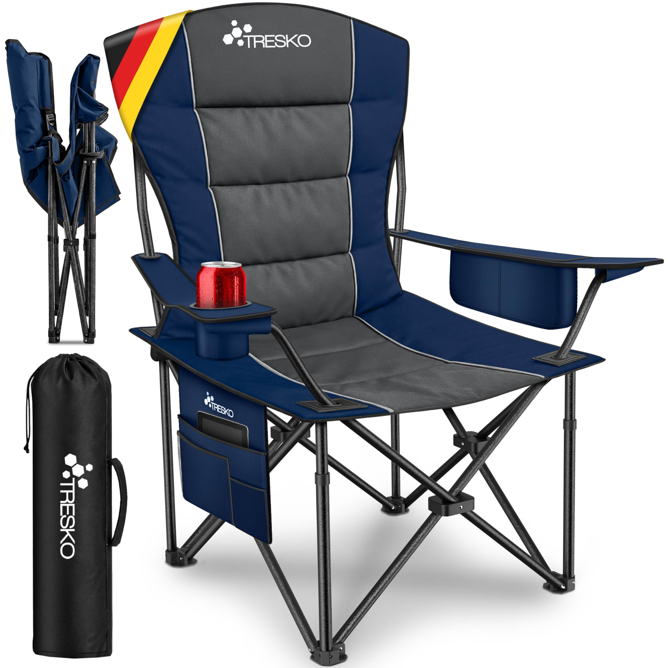 TRESKO® Campingstuhl Faltbar bis 200kg | Faltstuhl mit Kühltasche, Getränkehalter & Seitentasche | Klappstuhl XXL inkl. Tragetasche | Angelstuhl gepolstert für Outdoor, Angeln, Festival & Garten