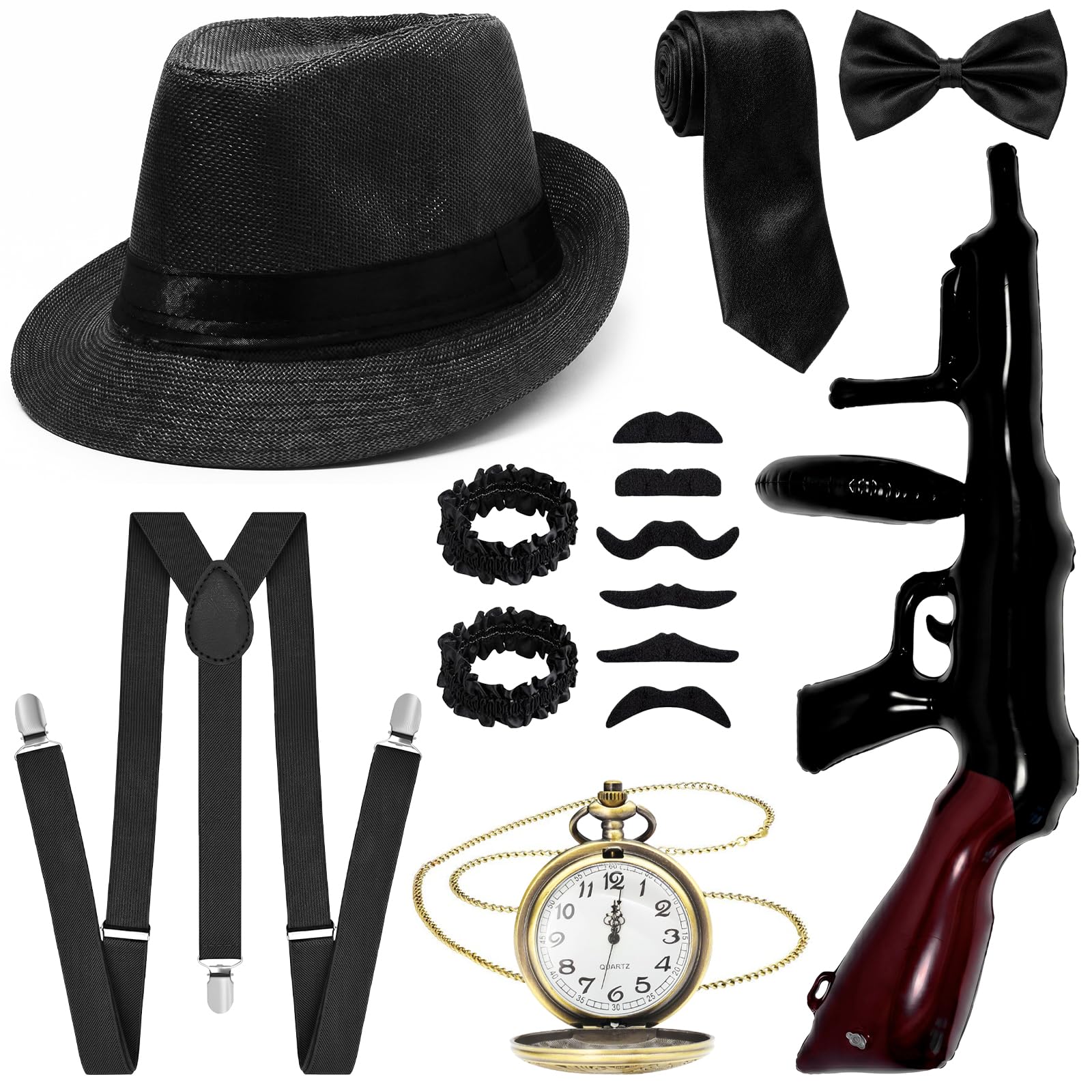 Wynlora 14pcs 1920s Gangster Costume Set for Men, Roaring 20s Costume Accessories Kit with hat Suspenders Pocket Watch Bow Tie Beards Cuffs Tie Inflatable Prop for Carnivals Halloween Themed Parties