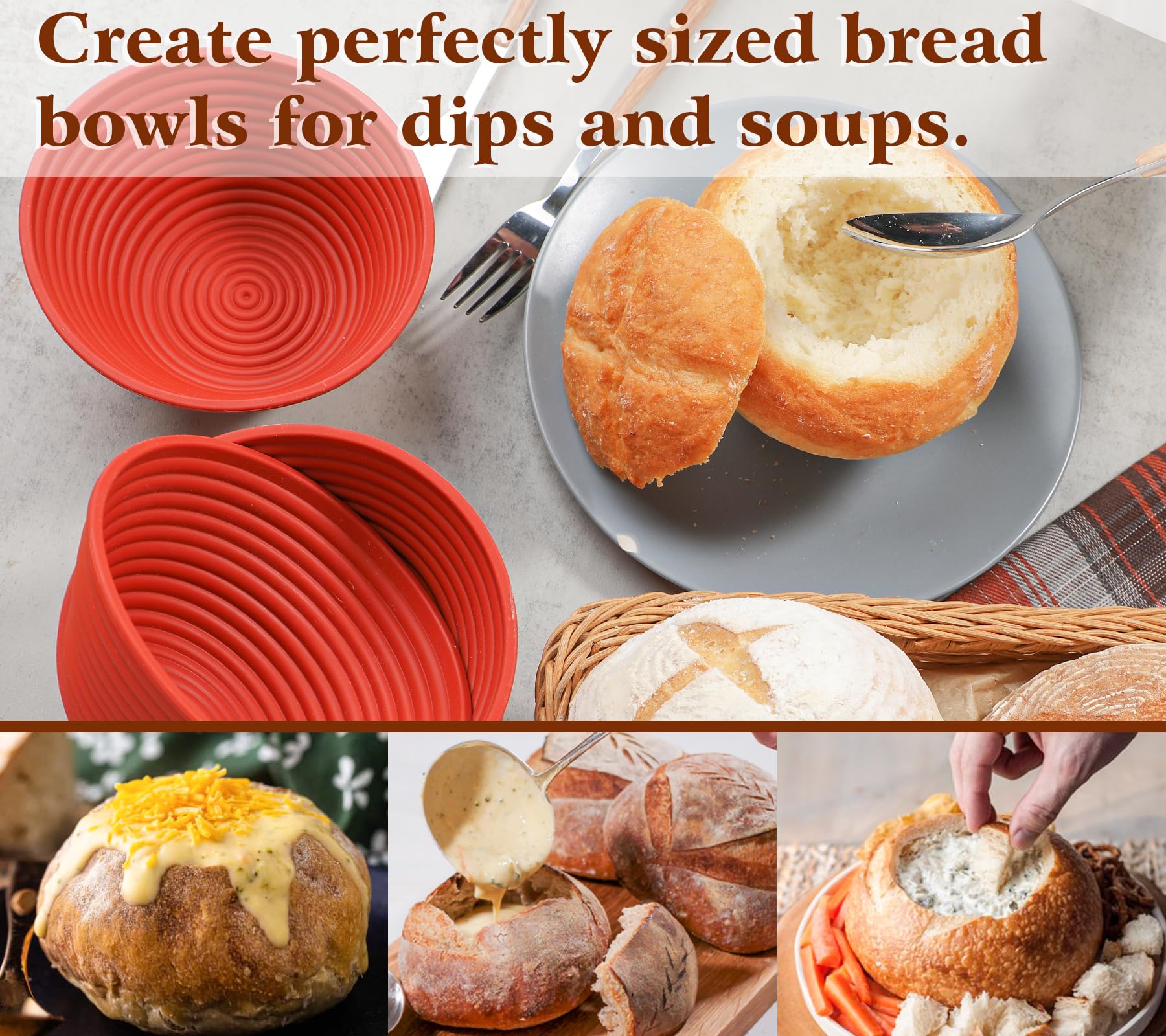 Webake Set di 4 cestini per la fermentazione per il pane, rotondi, in silicone, da 13 cm, per la cottura del pane