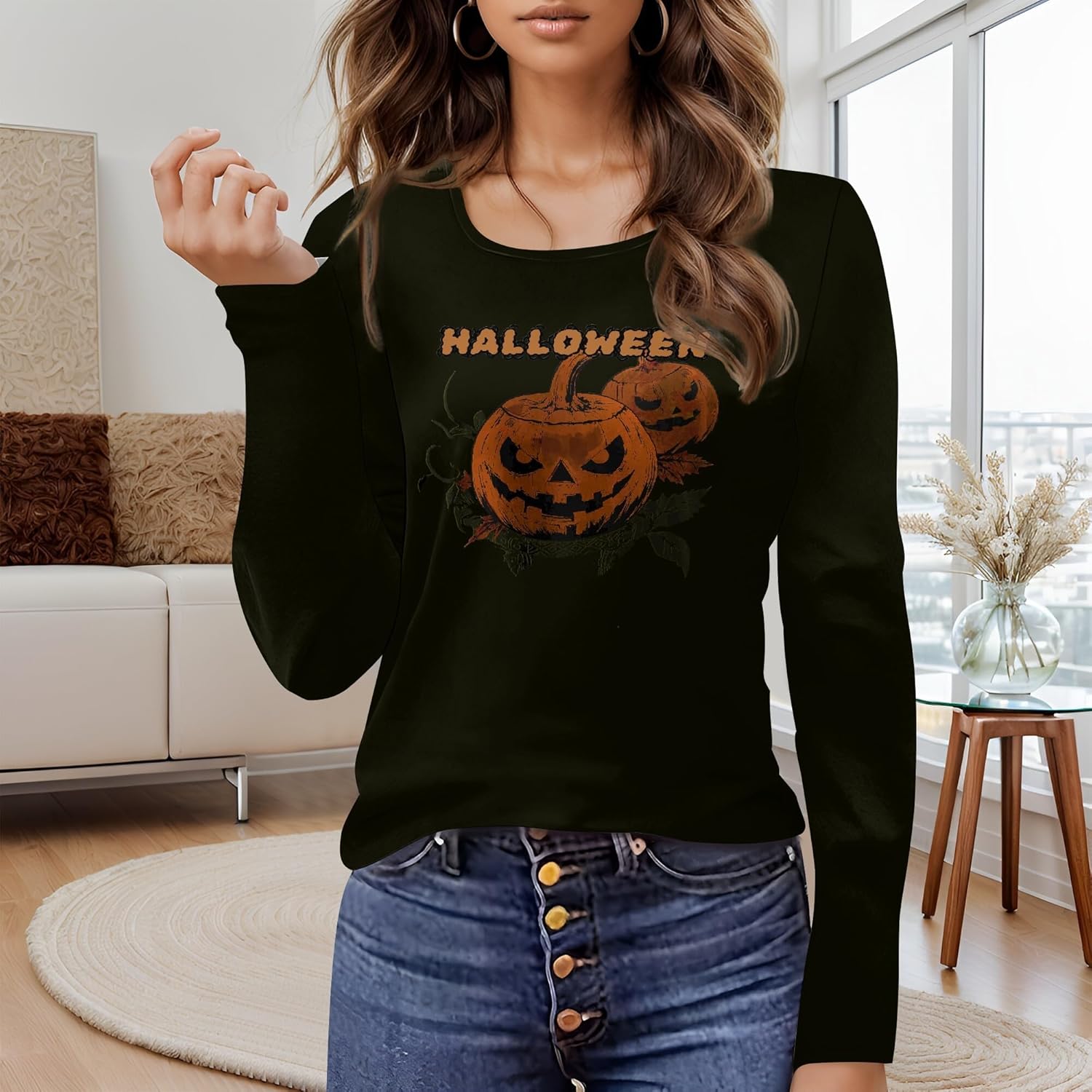 domirica Halloween Sweatshirts For Women Cute Pullover Fall Long Sleeve Pullover U-Neck Halloween Crazy Party Club Clothes - Image 2