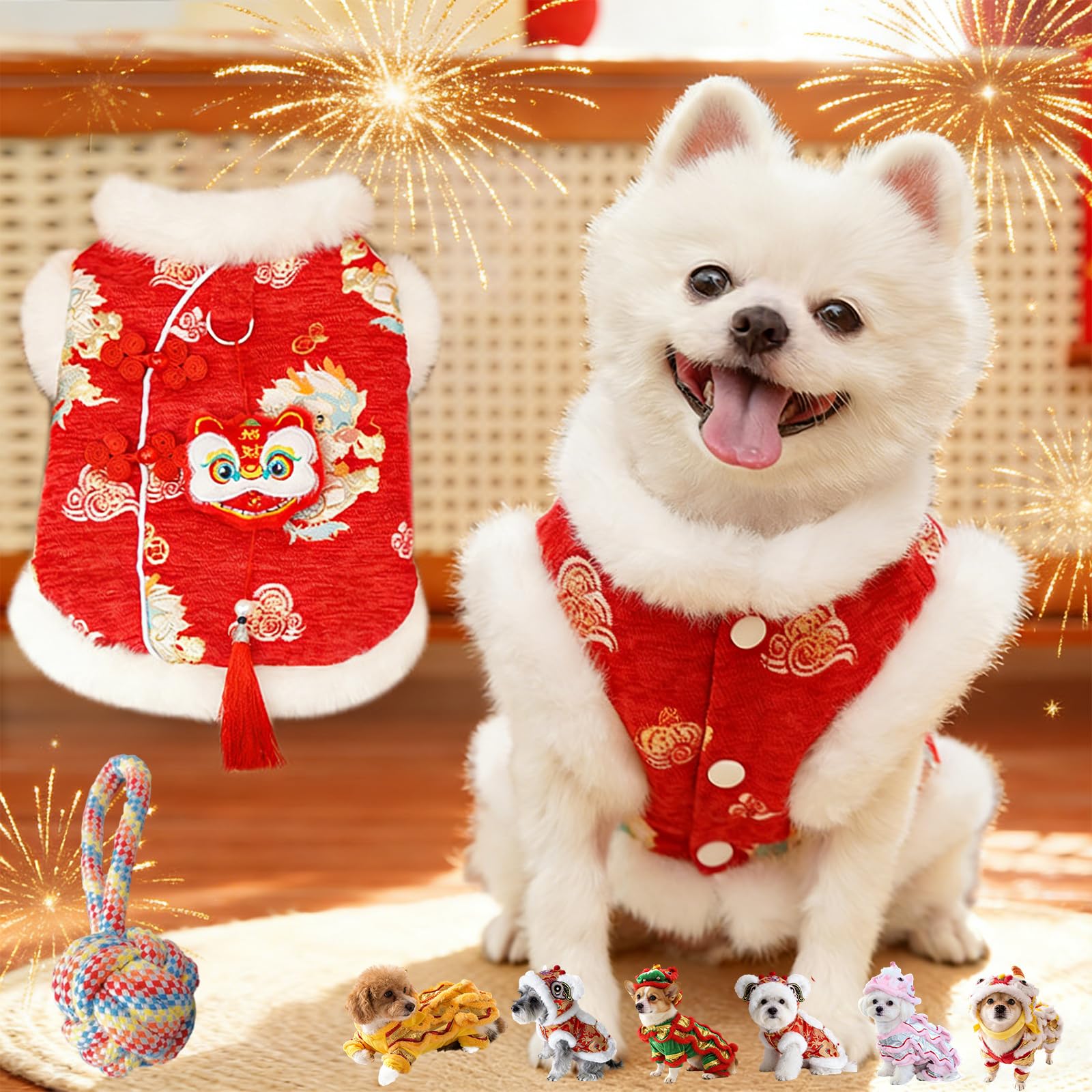 Chinese Lion Dance Dog Costume with Sequins, New Year Dog Lion Dance Coat, Spring Festival Pet Outfit with Dragon Embroidery, Winter Holiday Pet Cloth for Teddy, Schnauzer, Bichon Frise (XL,2#)