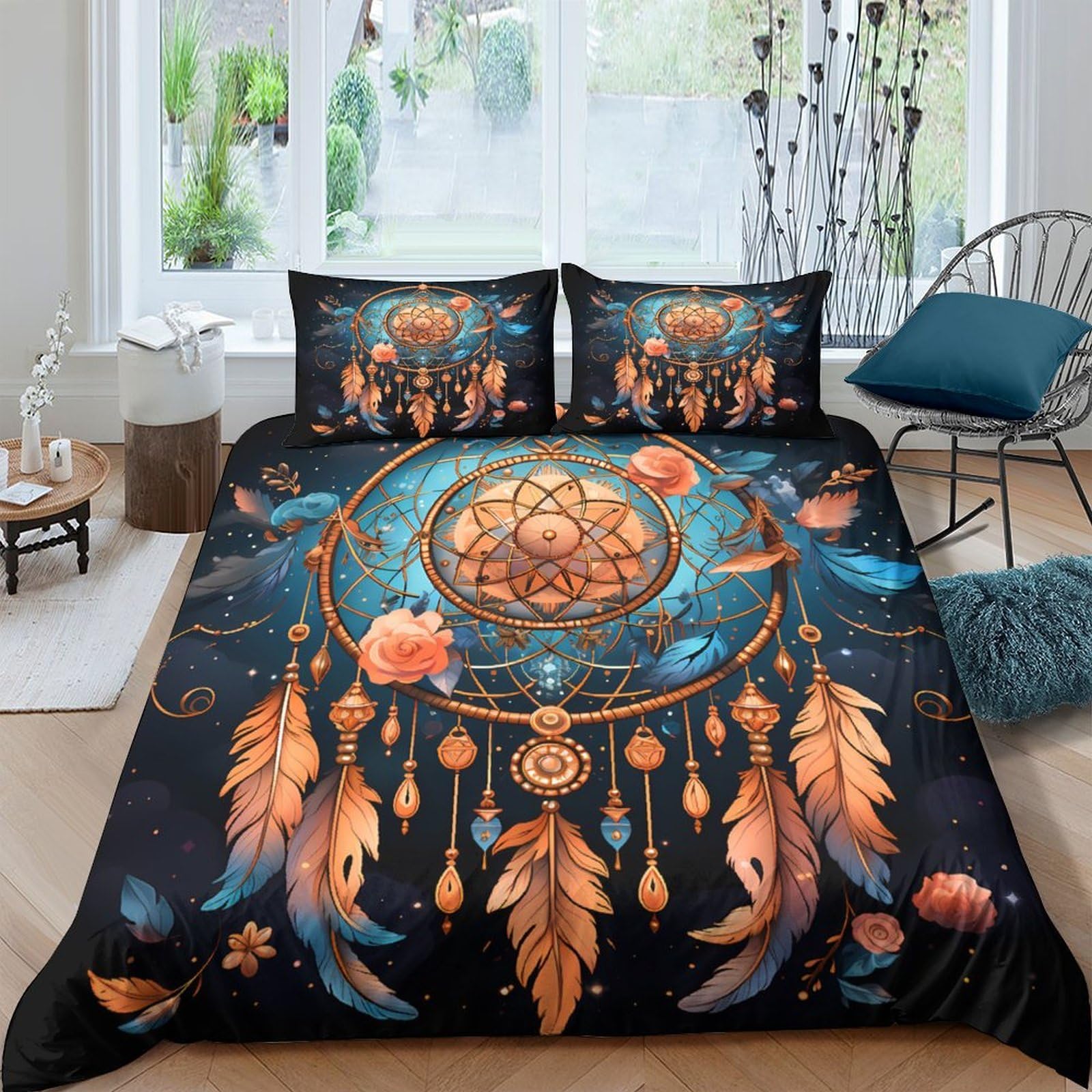 Ctjqhvkz Style-8 3D Printed Dreamcatcher Fitted Sheet Microfiber Soft Orange Blue Feather Mandala Mattress Cover For Bedroom Dorm Decor Single（135X200cm）