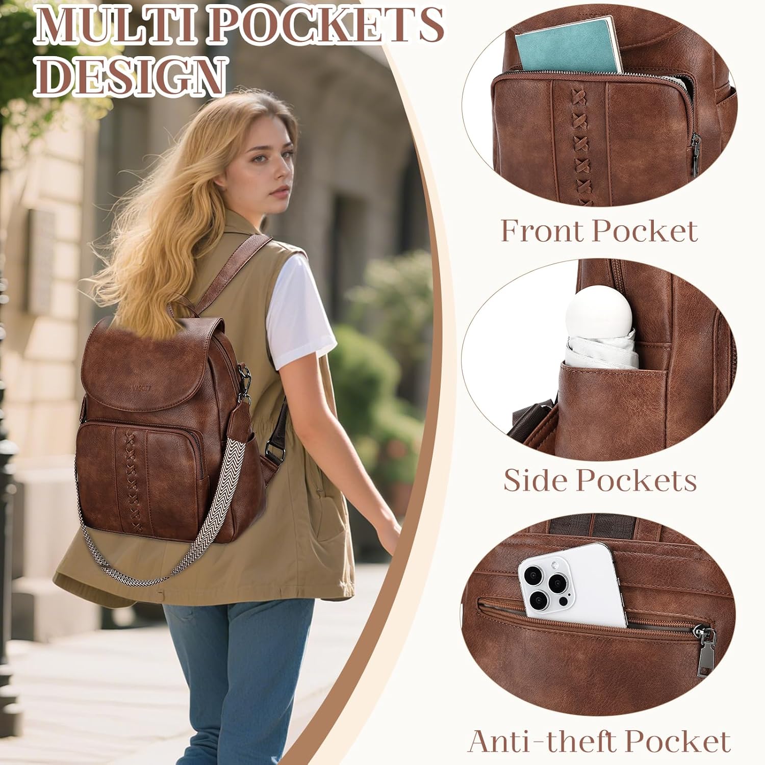 VASCHY Backpack Purse for Women, Fashion Cute Vegan Leather Flap Backpack Convertible Handbag for Ladies with Guitar Strap Brown - Image 5