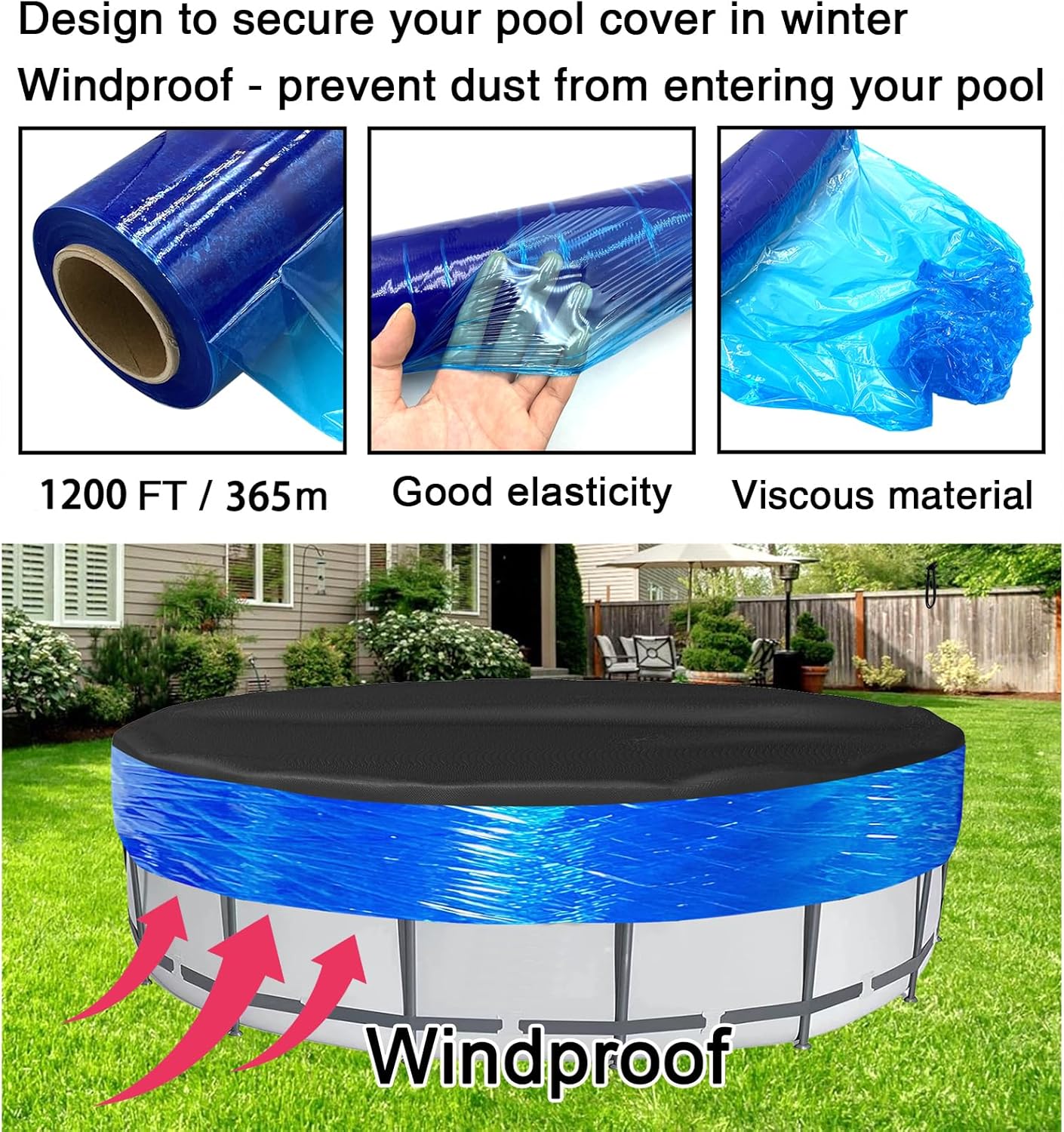 Winter Pool Cover Seal Wrap 1200ft for Above Ground Pools - Windproof Stretchable Cover Sealer for Keep Pool Clean - Blue (1200FT)